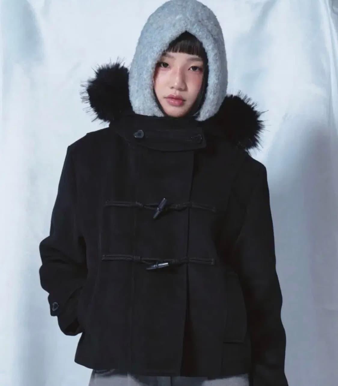 로긴앤로지 코트 Duffel Hoodie Fur Half Coat 블랙 상품이미지1