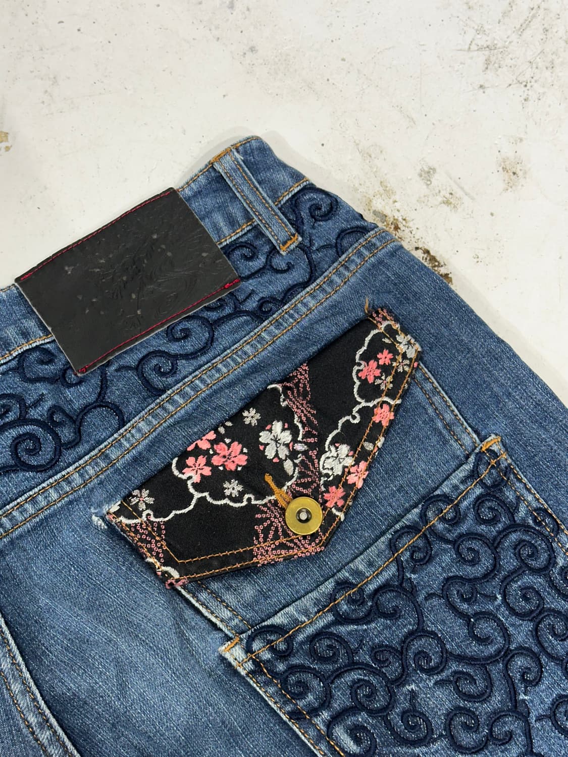 일본 빈티지 중청 대장급 오리엔탈 자수 포켓 와이드 데님 팬츠 청바지 상품이미지6