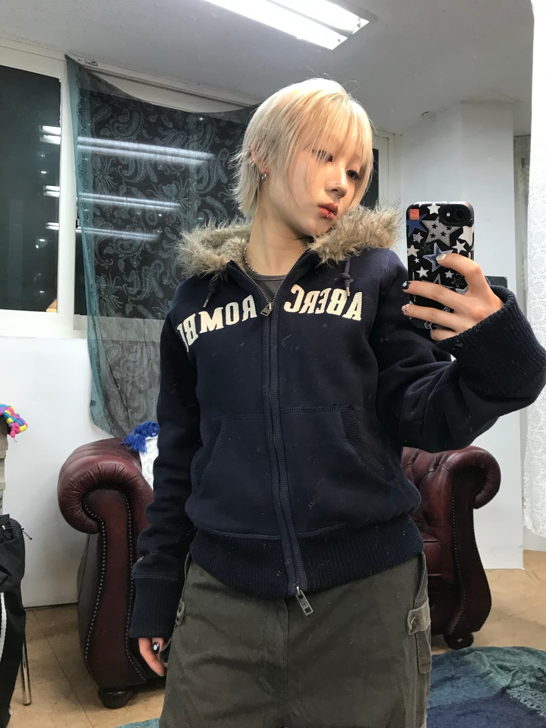 아베크롬비 여성 네이비 투웨이 울프죠 후드집업  상품이미지1