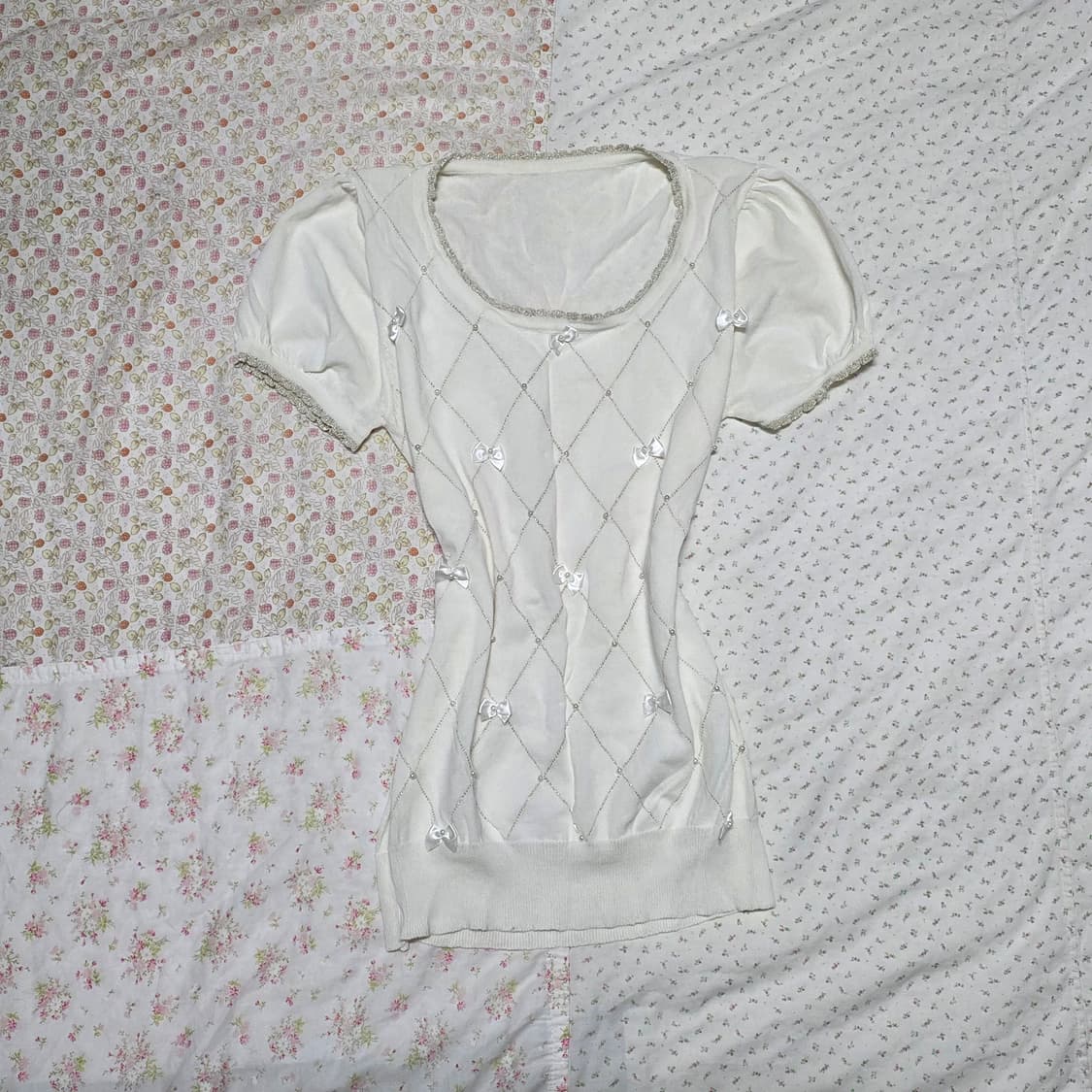 빈티지 아가일 로걀 레이스 리본 로걀탑 히메갸루 리즈리사깔 상품이미지1