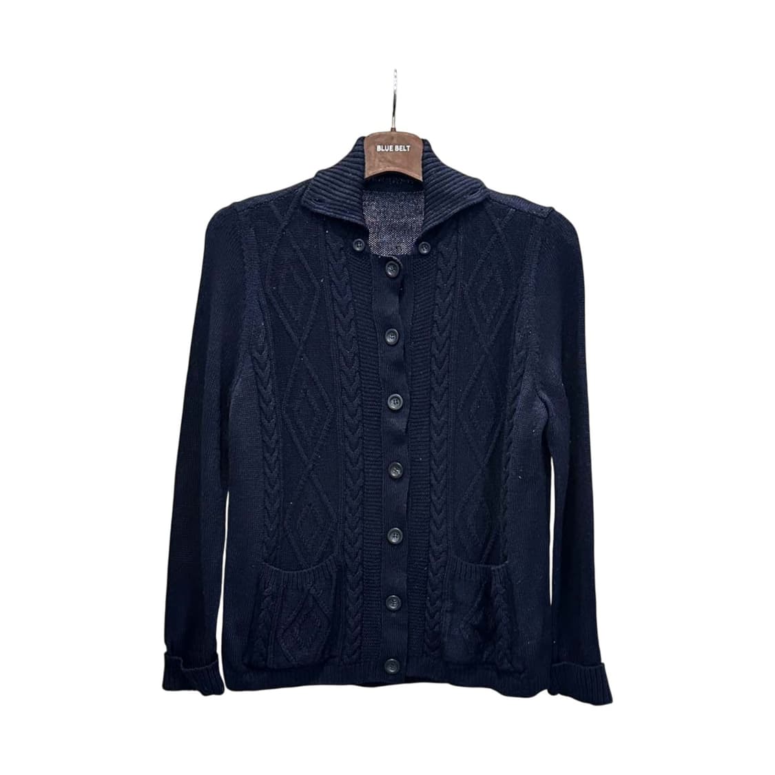 JPN VINTAGE 케이블 니트 가디건 카라넥 투포켓 디테일 네이비 상품이미지1