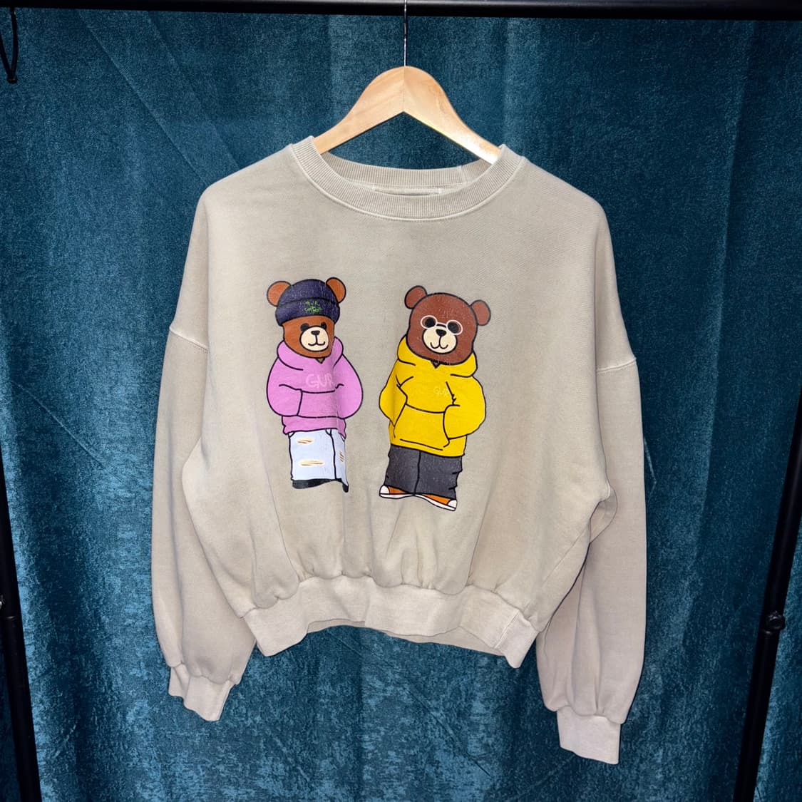 (XL) 빈티지 곰돌이 캐릭터 베이지 크롭 맨투맨 상품이미지1