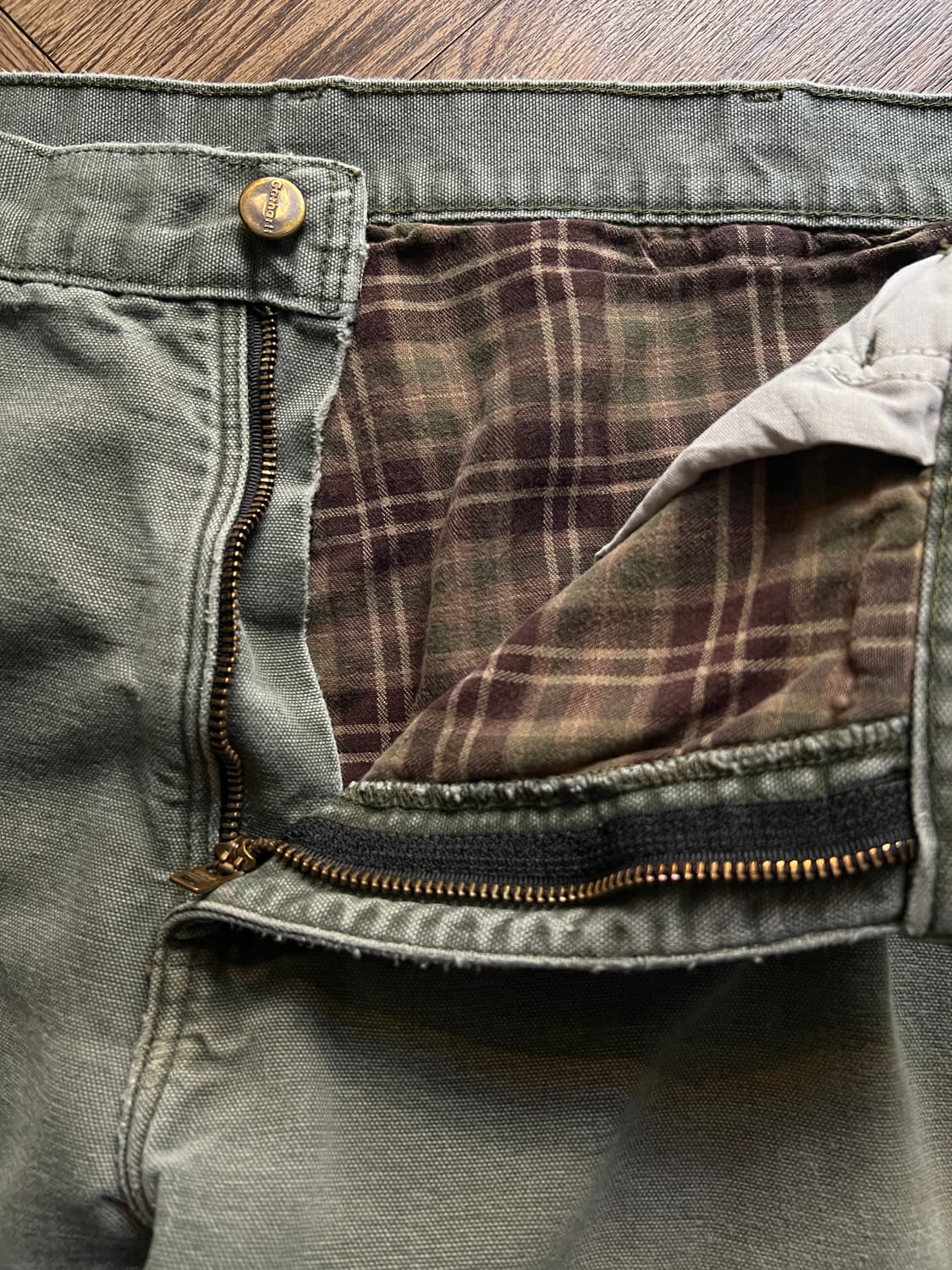 [36]칼하트 USA 체크라이닝 모스그린 데미지드 싱글니 워크팬츠 M12 상품이미지3