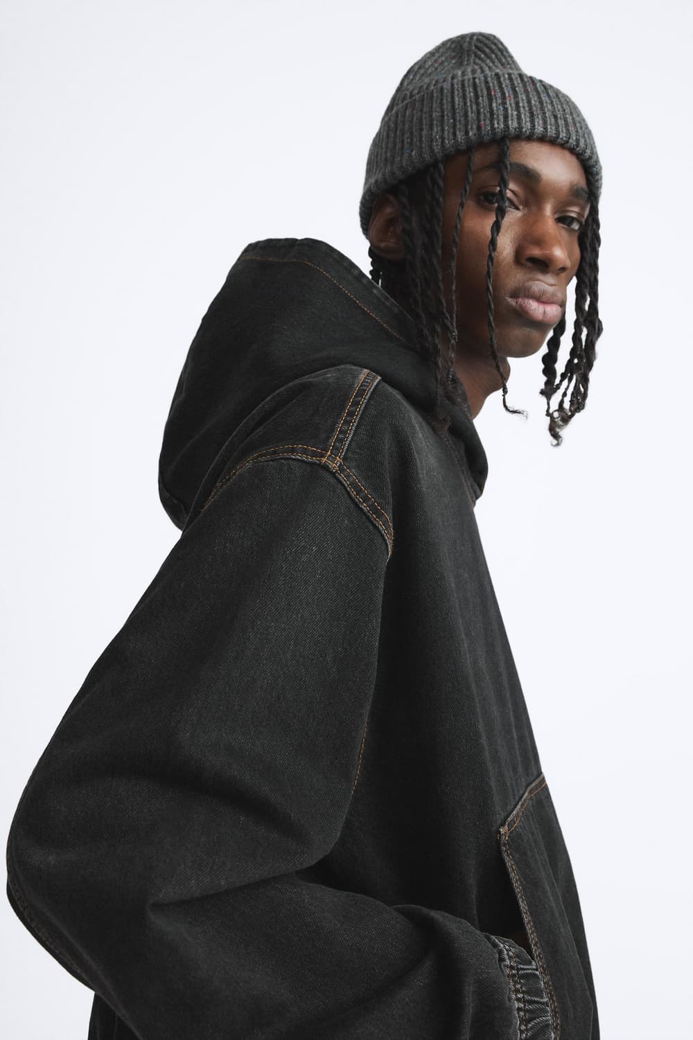 자라 데님 후드 스웻셔츠 맨투맨 워싱 블랙 후디 L 상품이미지3