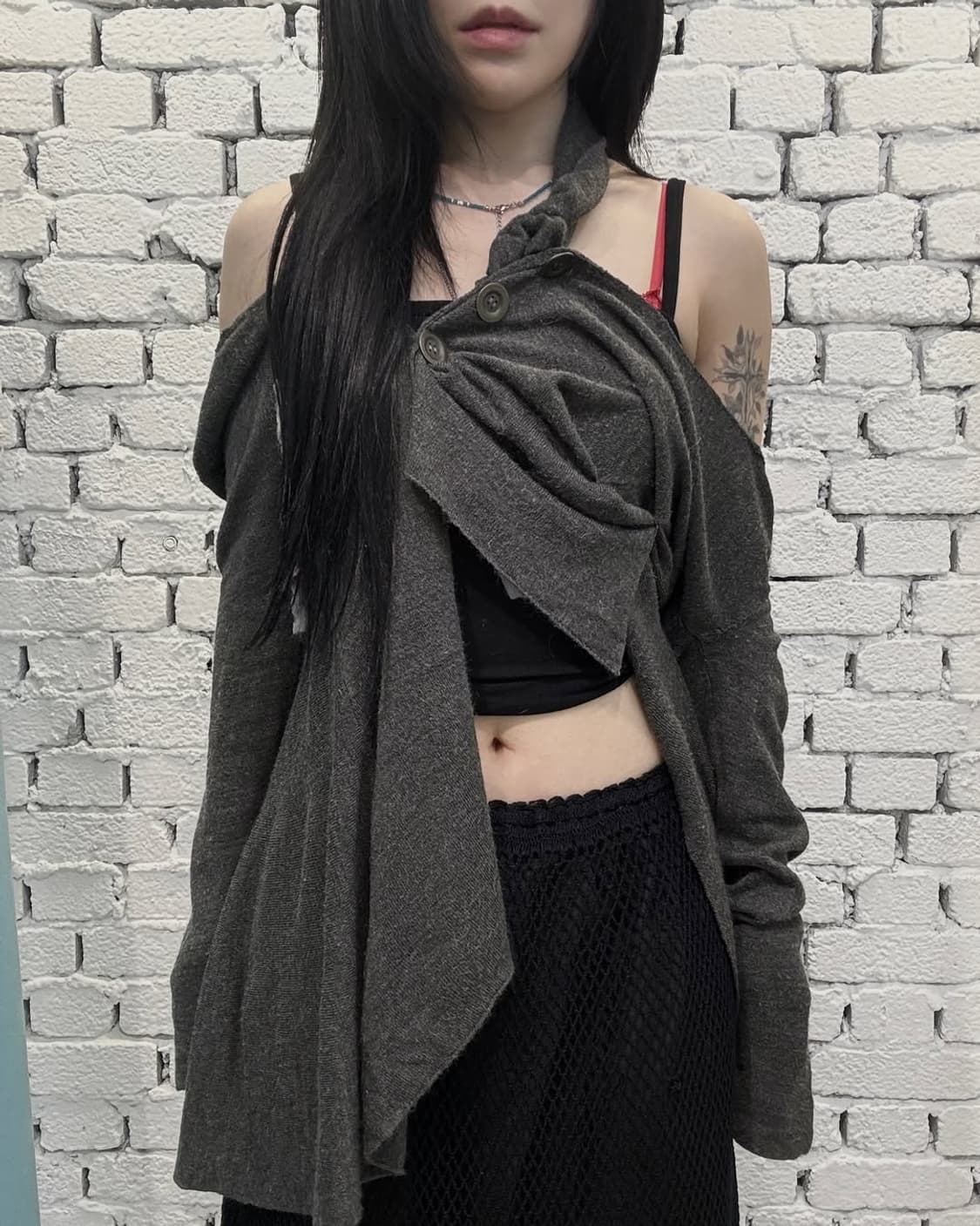 Asymmetric Draped Scarf Layered Knit Top 상품이미지2