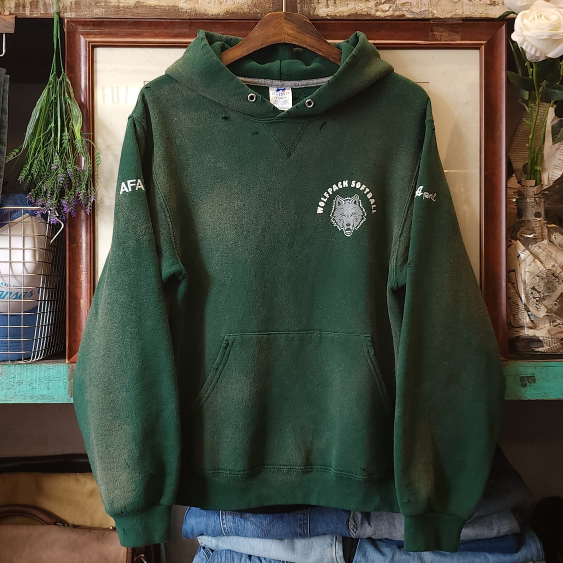 90s 러셀 후드 빈티지 스웻셔츠 썬페이딩 그린 울프 프린팅 s 상품이미지1
