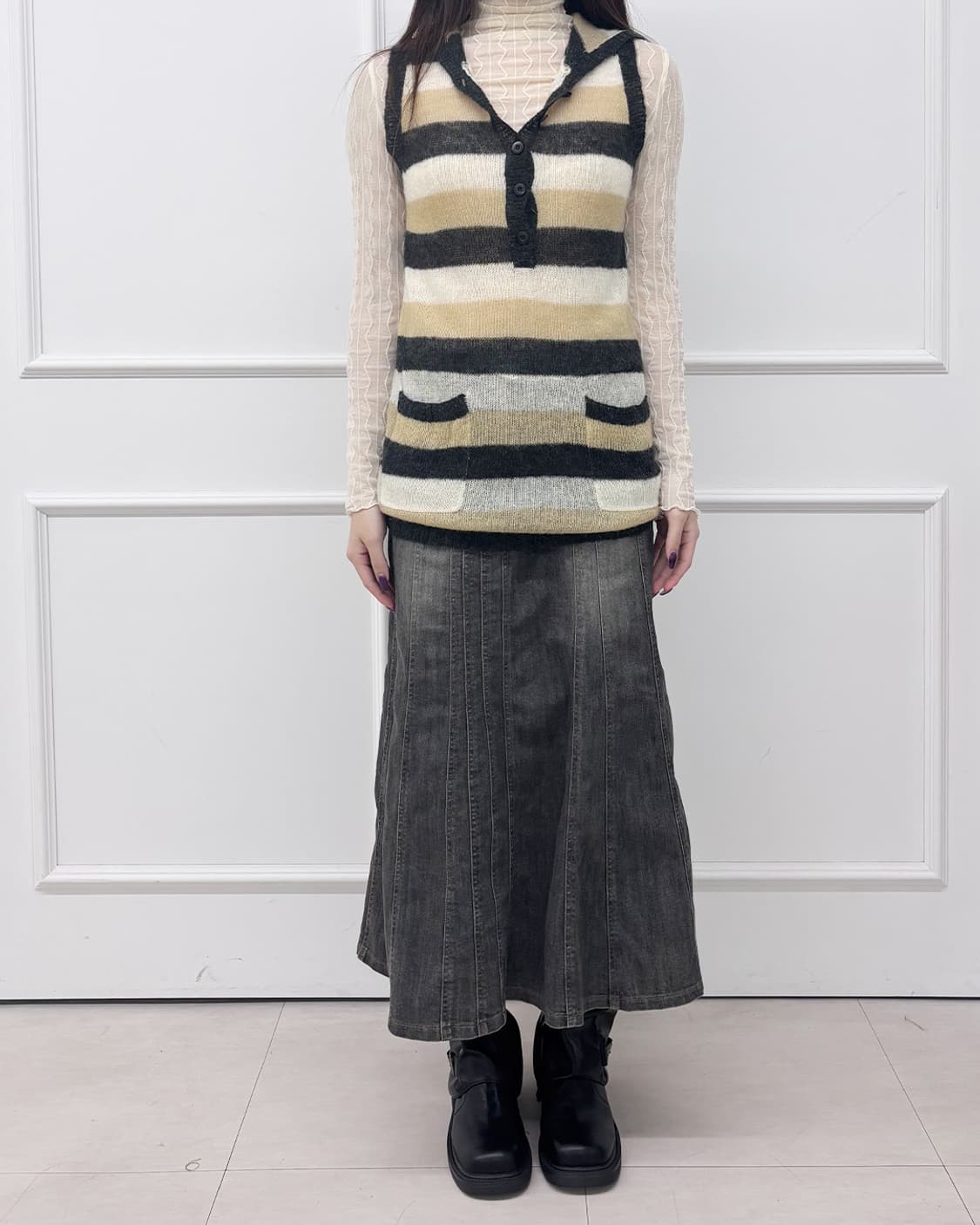빈티지 샌드 워시 그레이 데님 롱 스커트 상품이미지6