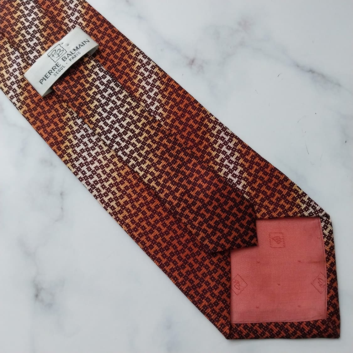 피에르 발망 실크 오렌지 체크 넥타이 9.9cm A등급 K1180
 상품이미지9