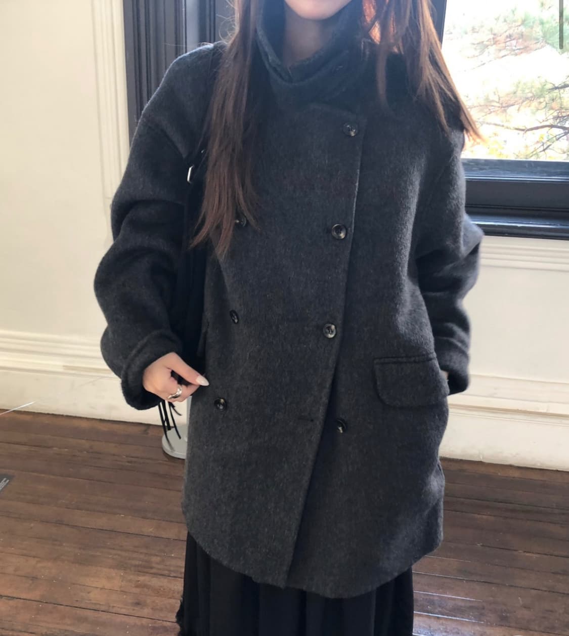 슬립오버 울 파운드 더블 코트 챠콜 하프 코트 상품이미지1