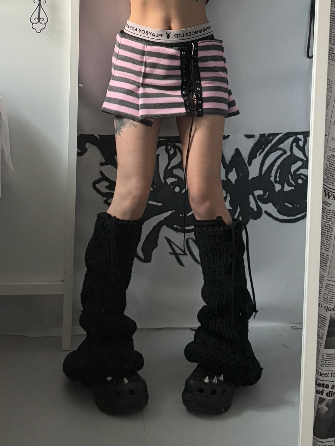 Pink striped eyelet skirt & cat beanie 상품이미지3