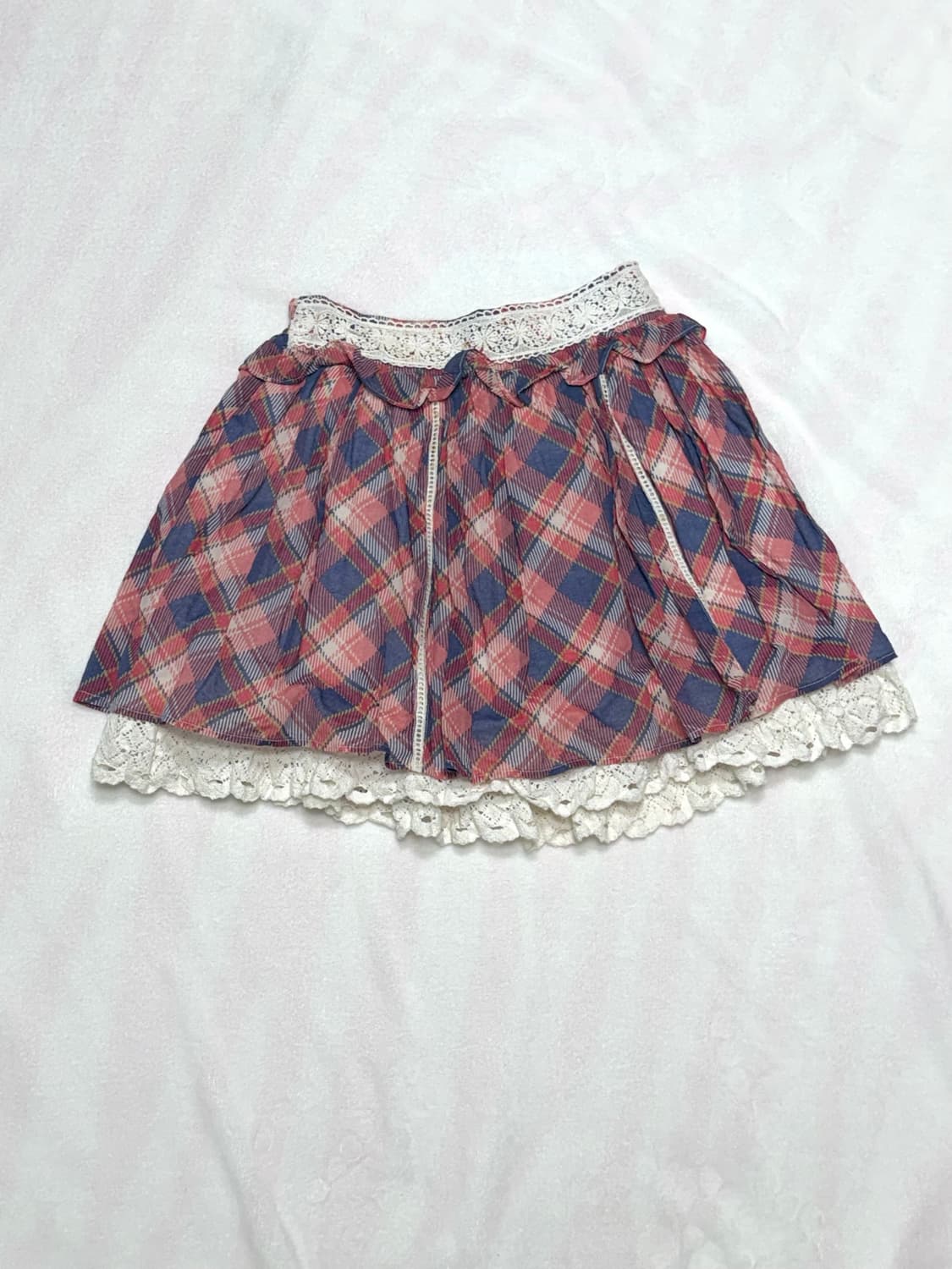 리즈리사 레드 블루 체크 레이스 스커트 치마 큐롯 니혼진 모리 빈티지 상품이미지1