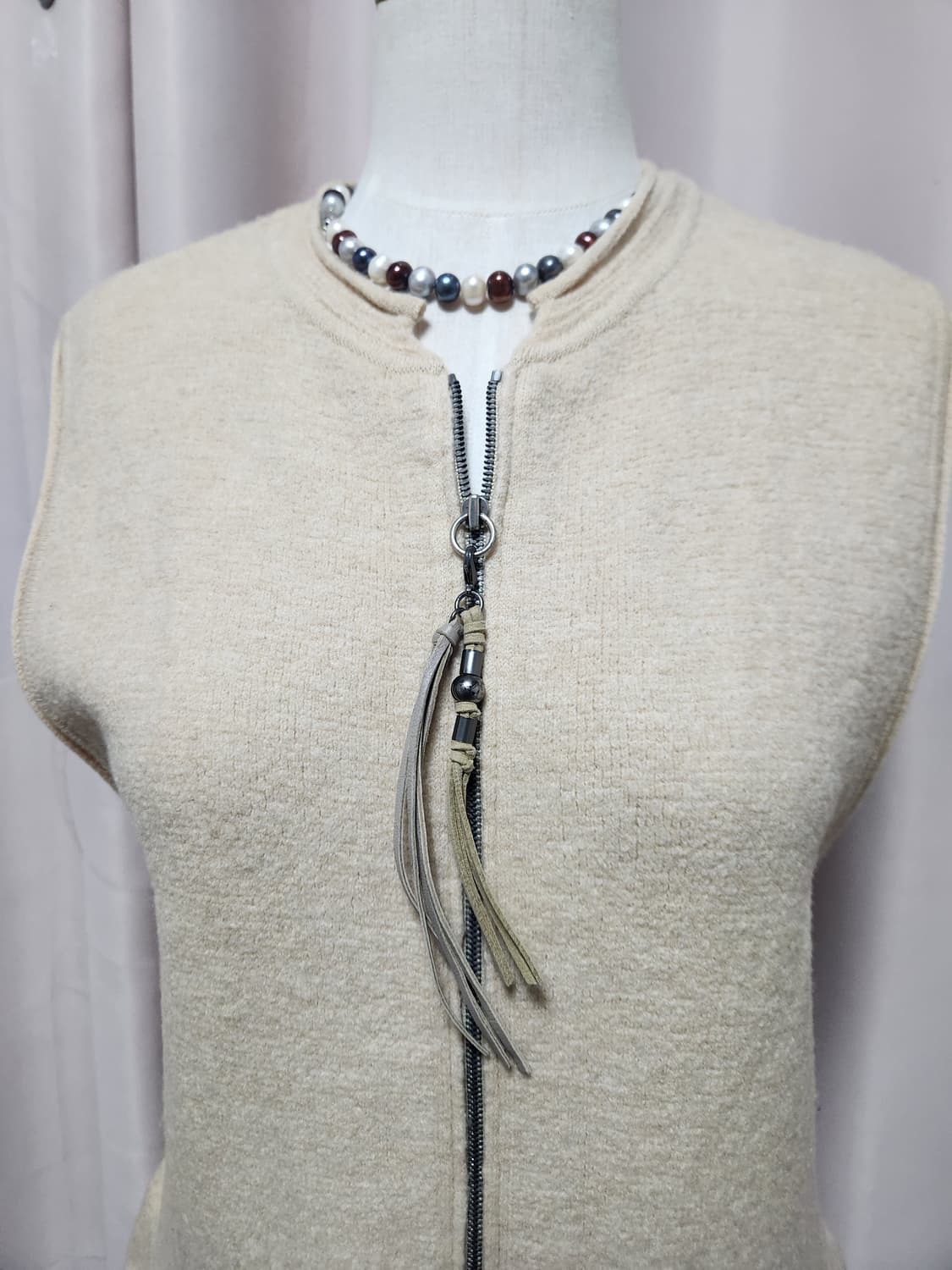 SJSJ 베이지색 순모니트 롱 조끼 원피스 상품이미지2