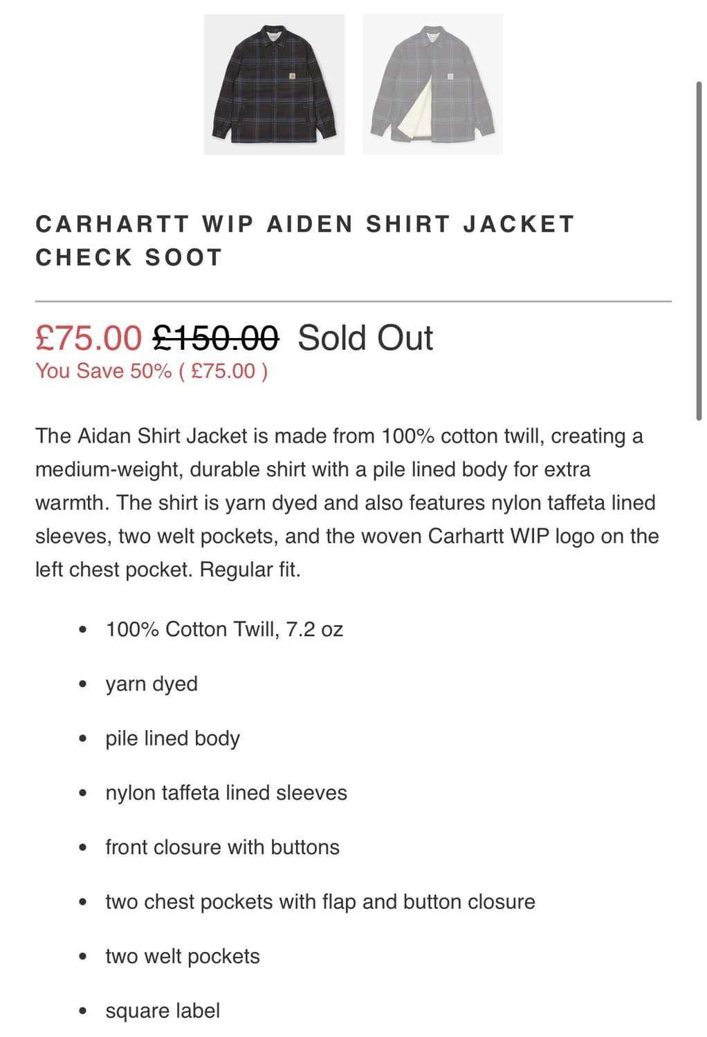 칼하트 Wip 에이든 체크 셔츠자켓(s) 상품이미지4