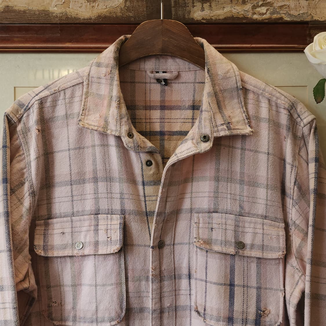 90s 빈티지 체크셔츠 헤비 플란넬 워크셔츠 썬페이딩 핑크 L 상품이미지4