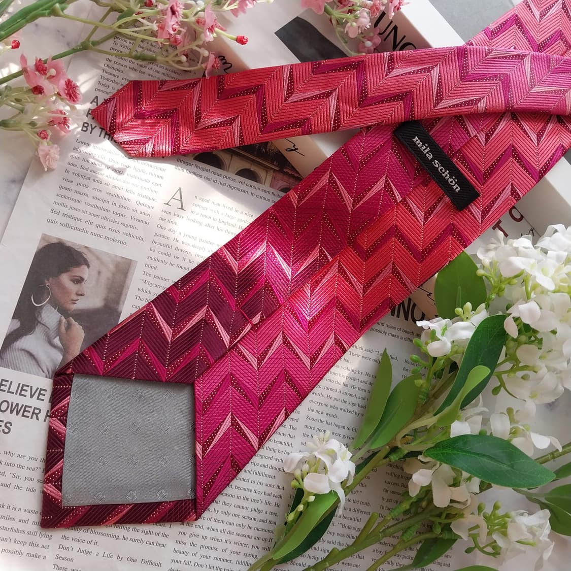 MILA SCHON 밀라숀 핑크 패턴 넥타이 9cm A등급 K2370 상품이미지5