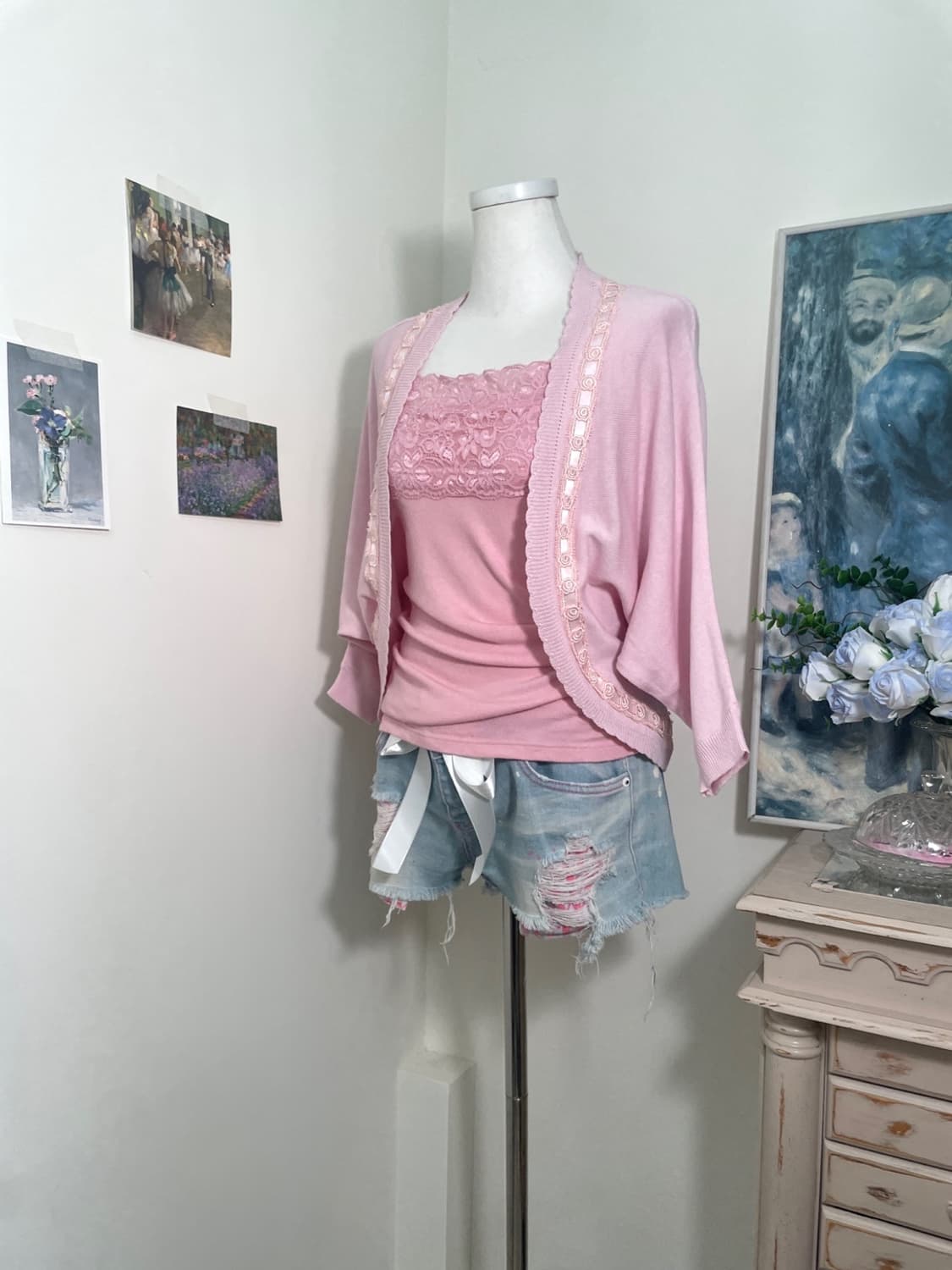 pink lace trim open cardigan&lace sleeve 상품이미지2