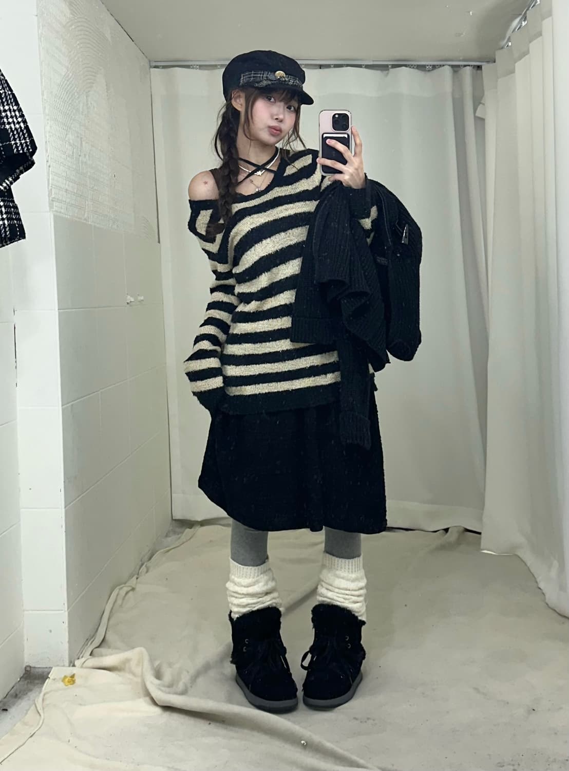 블랙 니혼진 데일리 펑크 체크코트 코디세트 상품이미지4