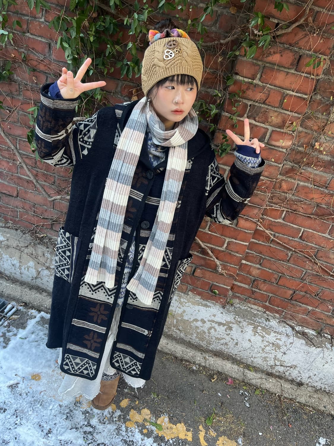 블랙 겨울패턴 후드 롱 코트 상품이미지3