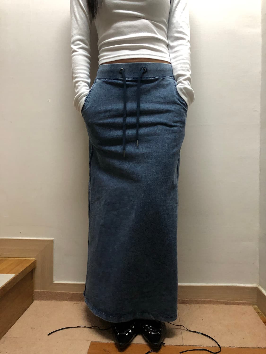 빈티지 데님 프린팅 코튼 롱 스커트 상품이미지2