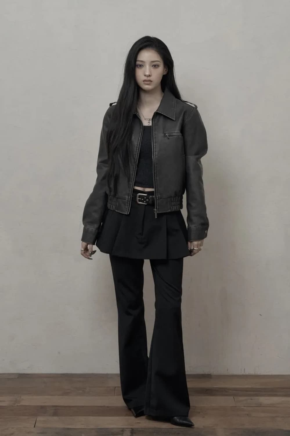 카키포인트 스커트 레이어드 부츠컷 팬츠 블랙 상품이미지2