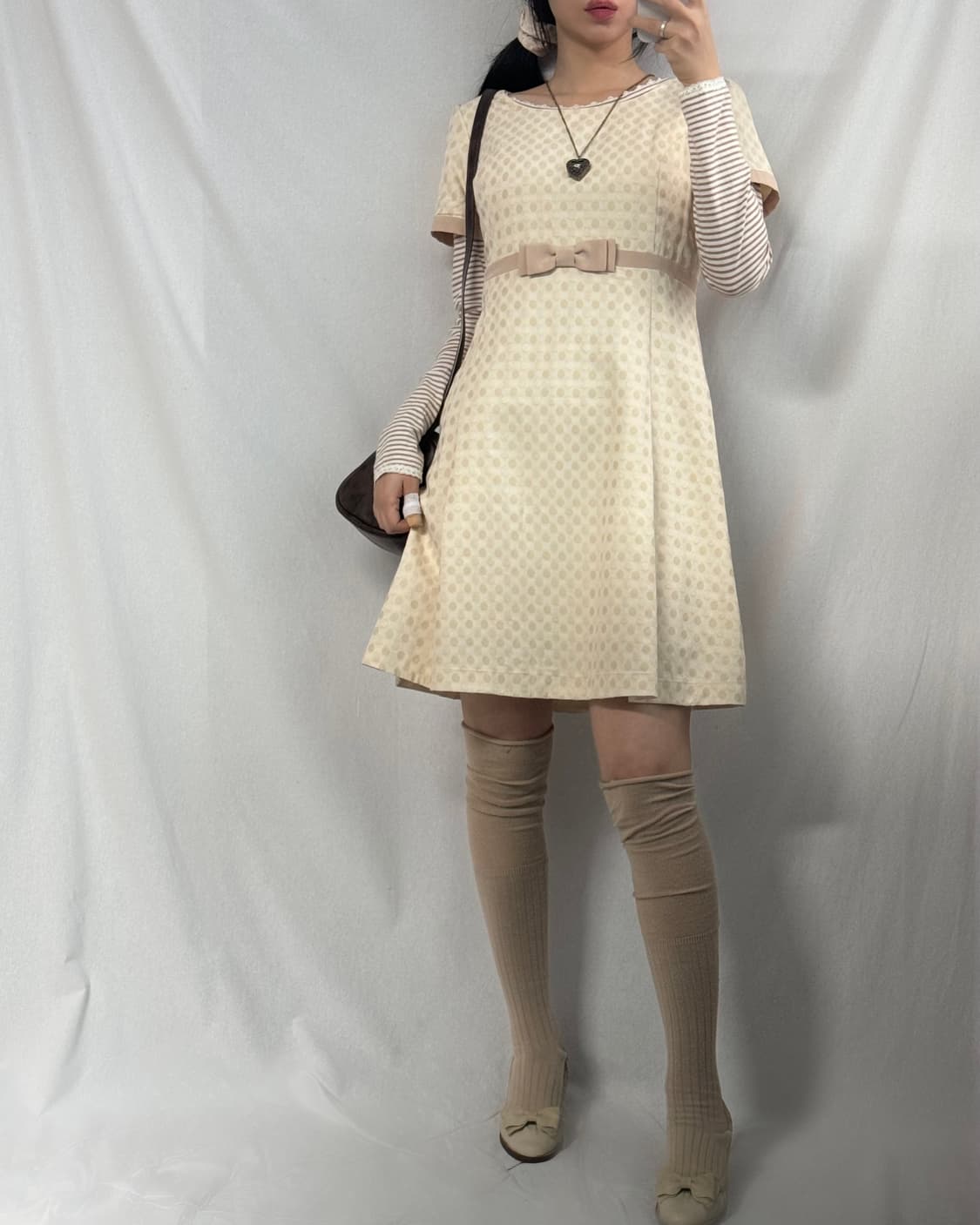 도트 패턴 리본 원피스 레이스 이너 티 2pcs SET 상품이미지2