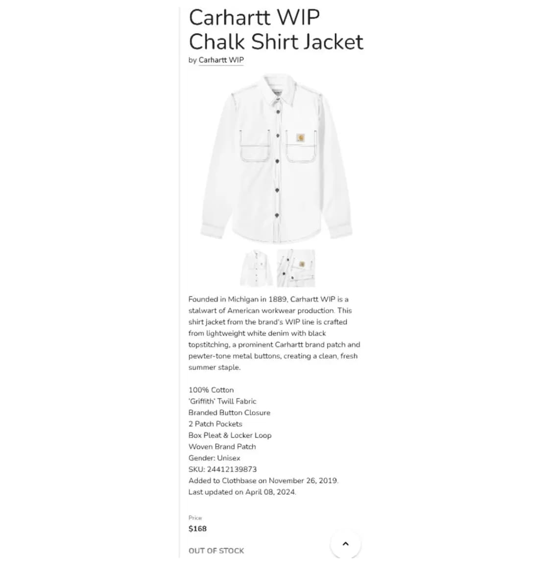 칼하트 WIP 초크 데님 워크 셔츠 화이트 M 상품이미지6