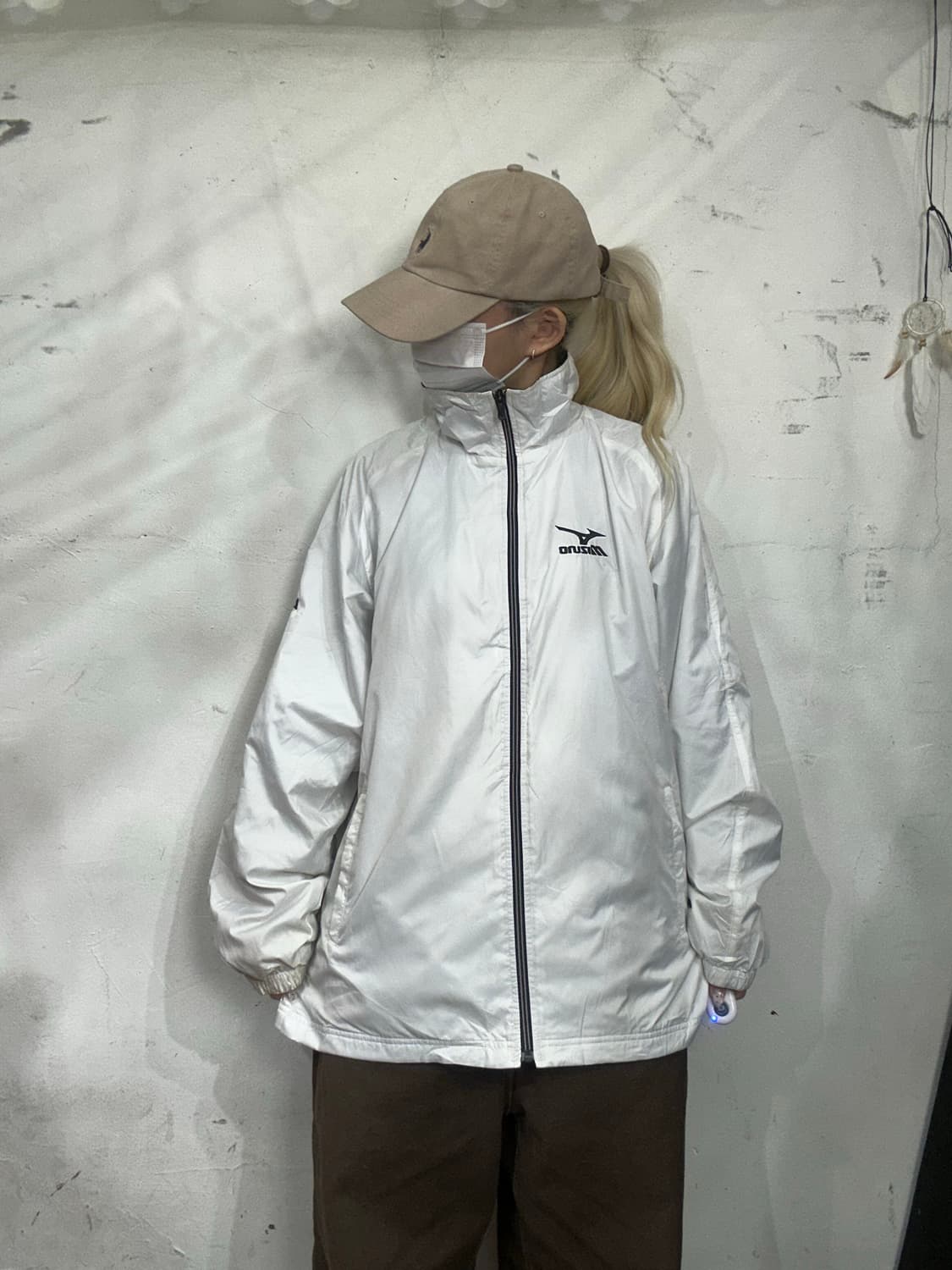 미즈노 화이트 오버핏 올드스쿨 바람막이 트랙 자켓 M 상품이미지2