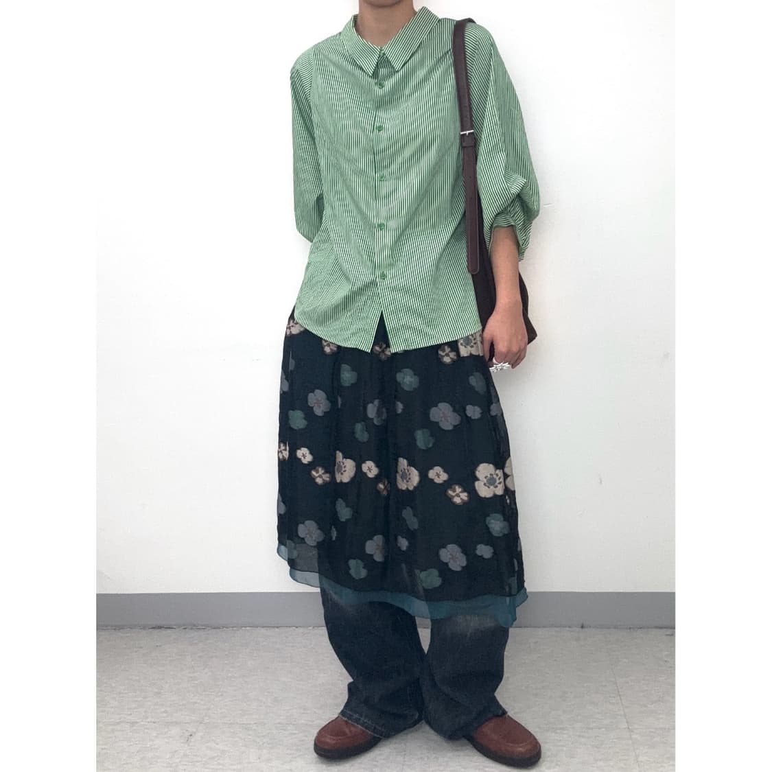 빈티지 그린 스트라이프 블라우스 상품이미지2