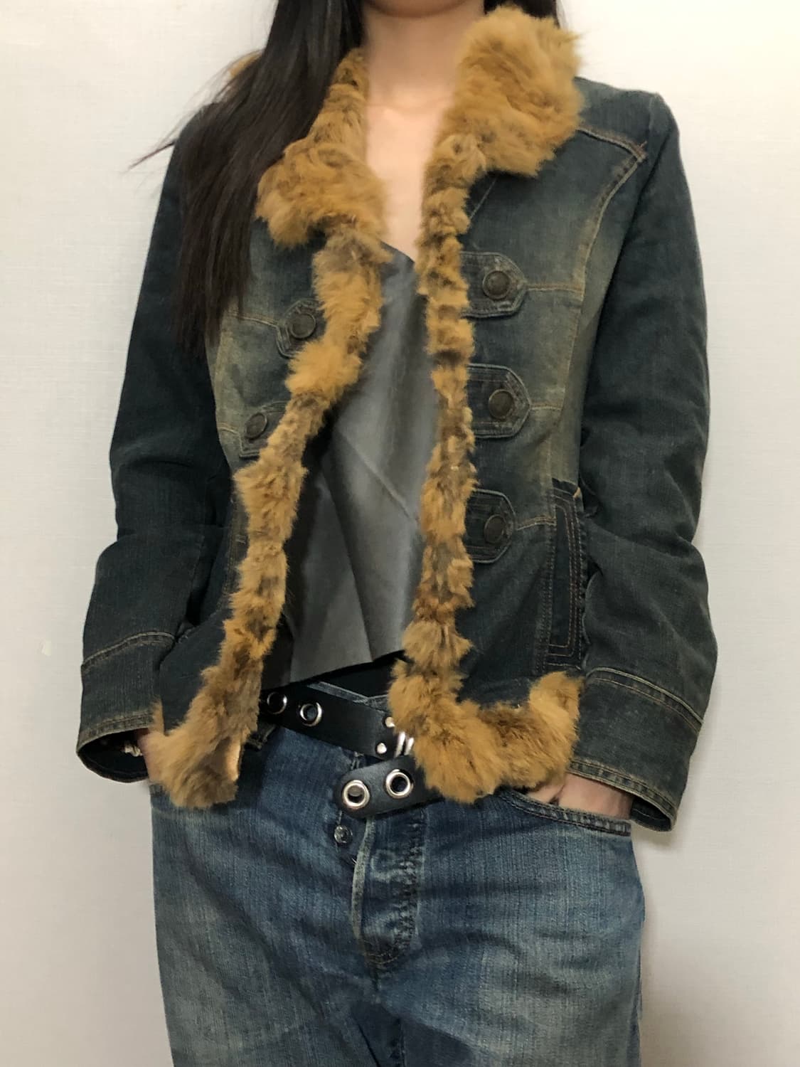 빈티지 브라운 래빗 퍼 데님 자켓 상품이미지7