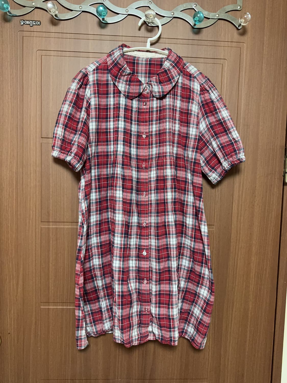 모리걸 하구미 히피 일본 빈티지 둥근카라 레드 체크 홍콩 블라우스 원피스 상품이미지1