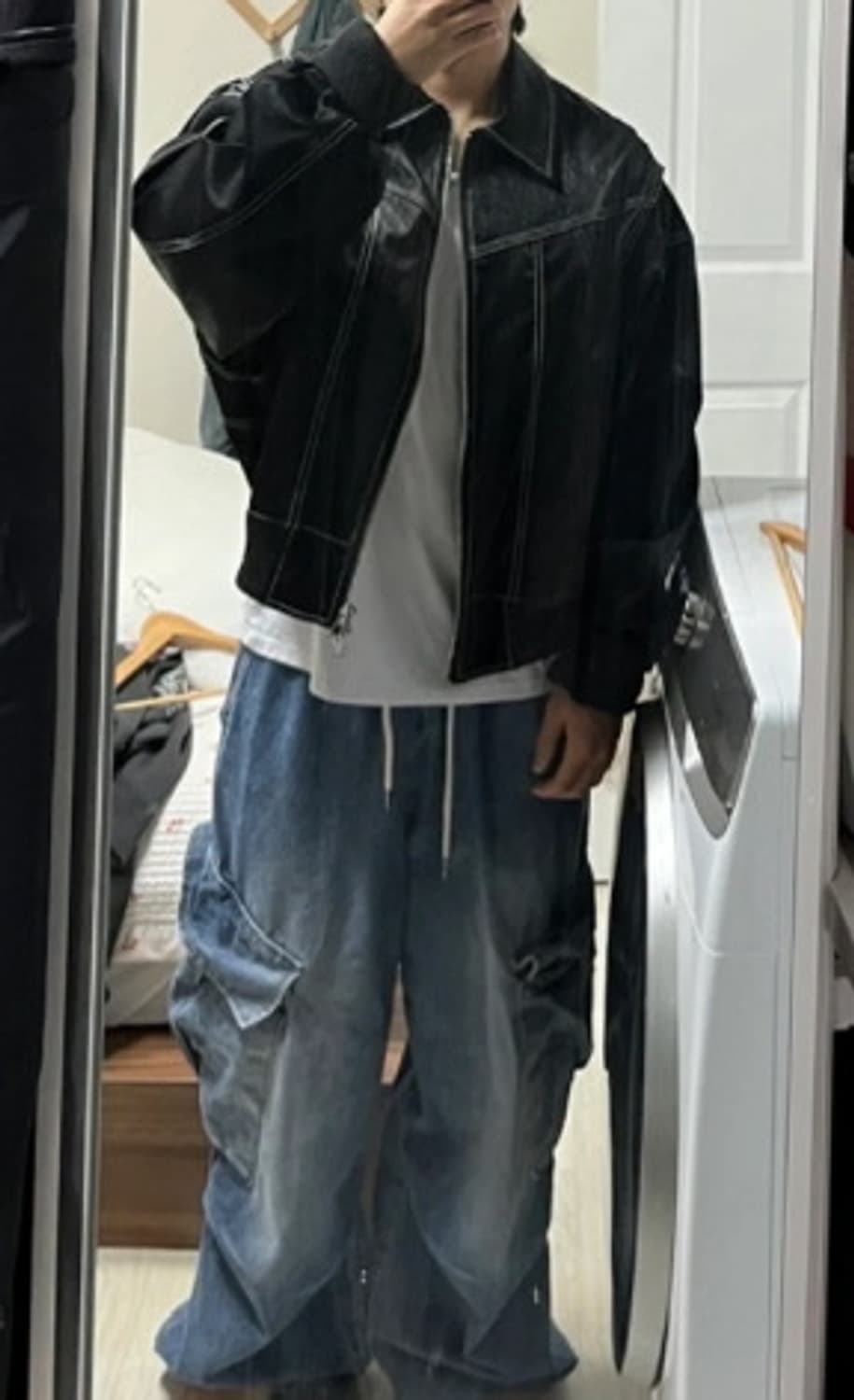 OWN 오운 스티치 글로시 레더 자켓 블랙 상품이미지5