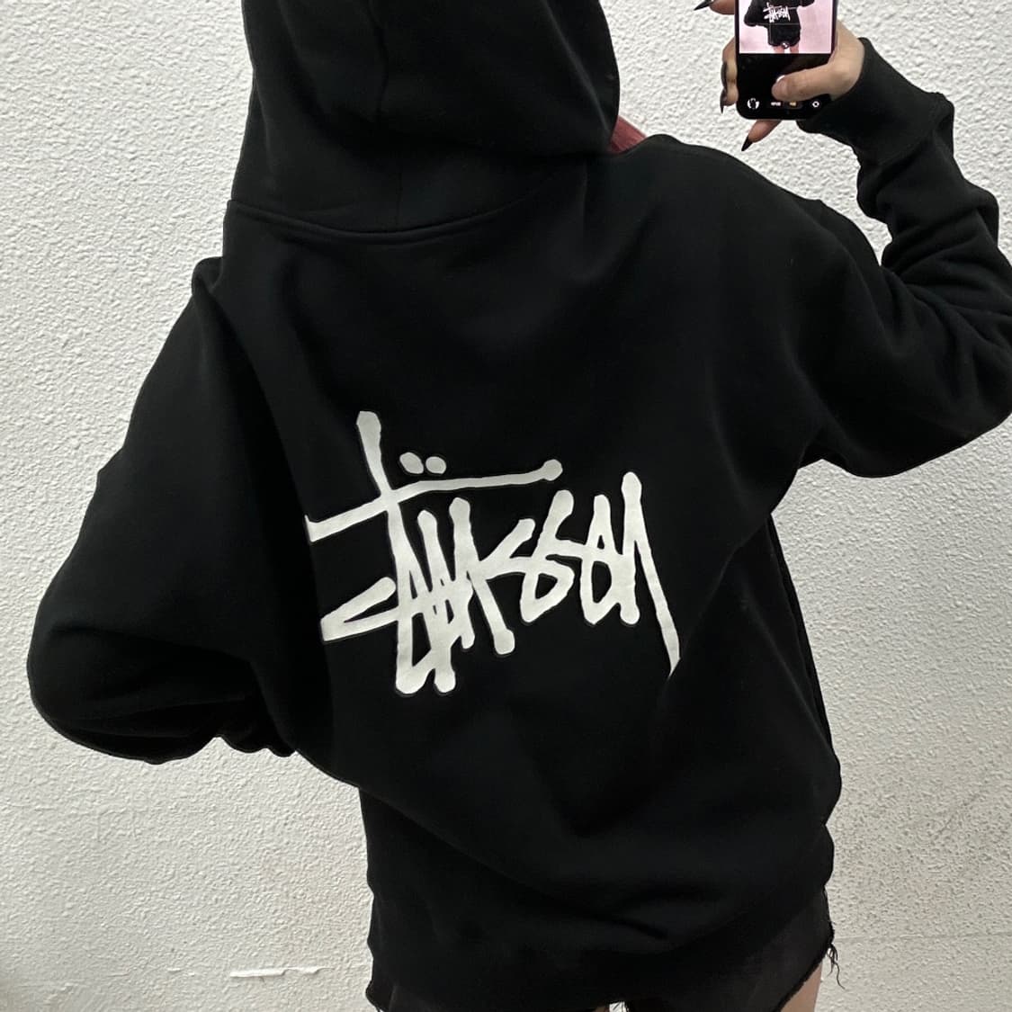 스투시 화이트 로고 블랙 후드집업 L 상품이미지2