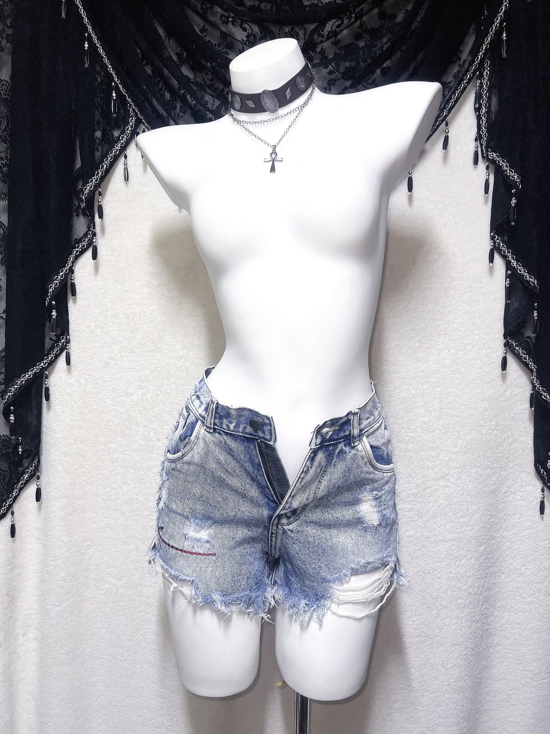 오네갸루 y2k 와투케 펑크 00 핀터 데미지 데님 숏 핫팬츠 청반바지 상품이미지10