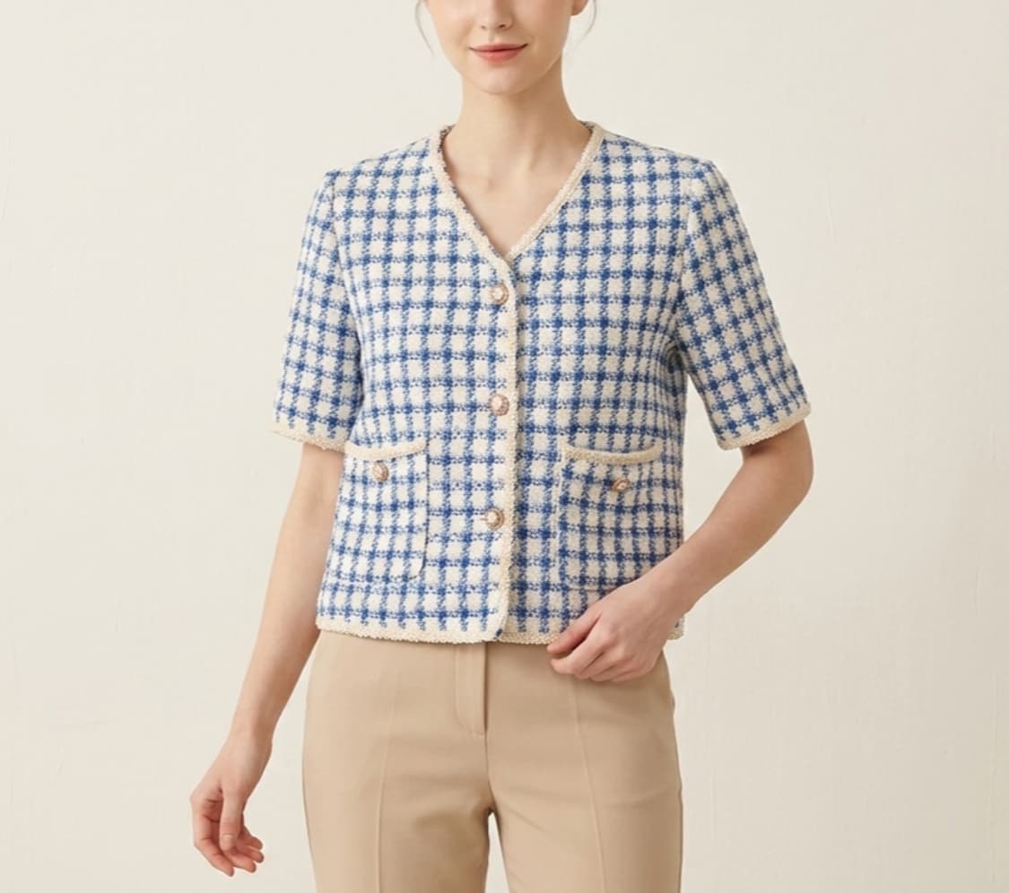 [F]JJ지고트 체크 트위드 반팔 자켓 상품이미지1