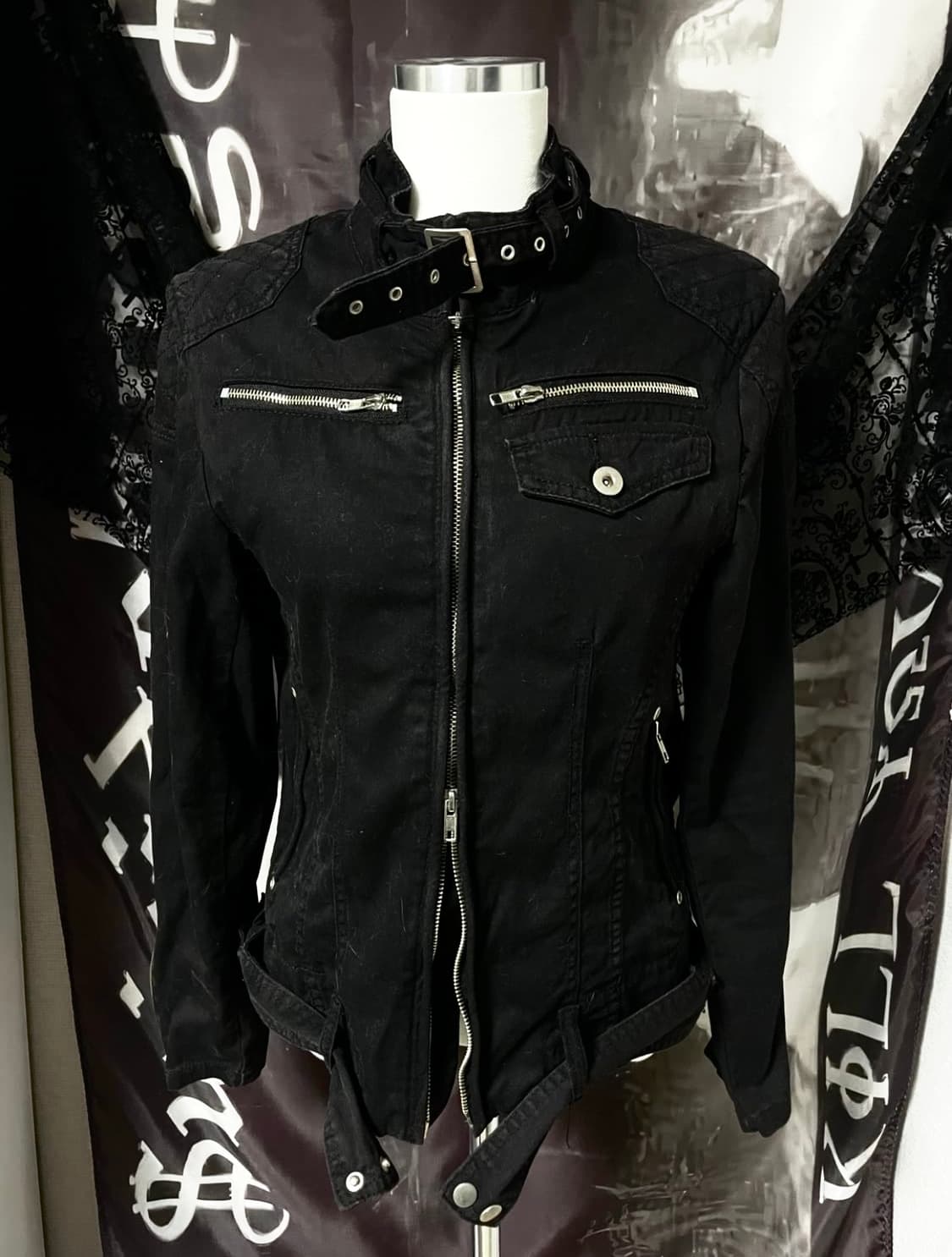 Vkei 00s 벨티드넥 지퍼 라이더 야상코튼자켓 다크웨어emo버커루맛 상품이미지7