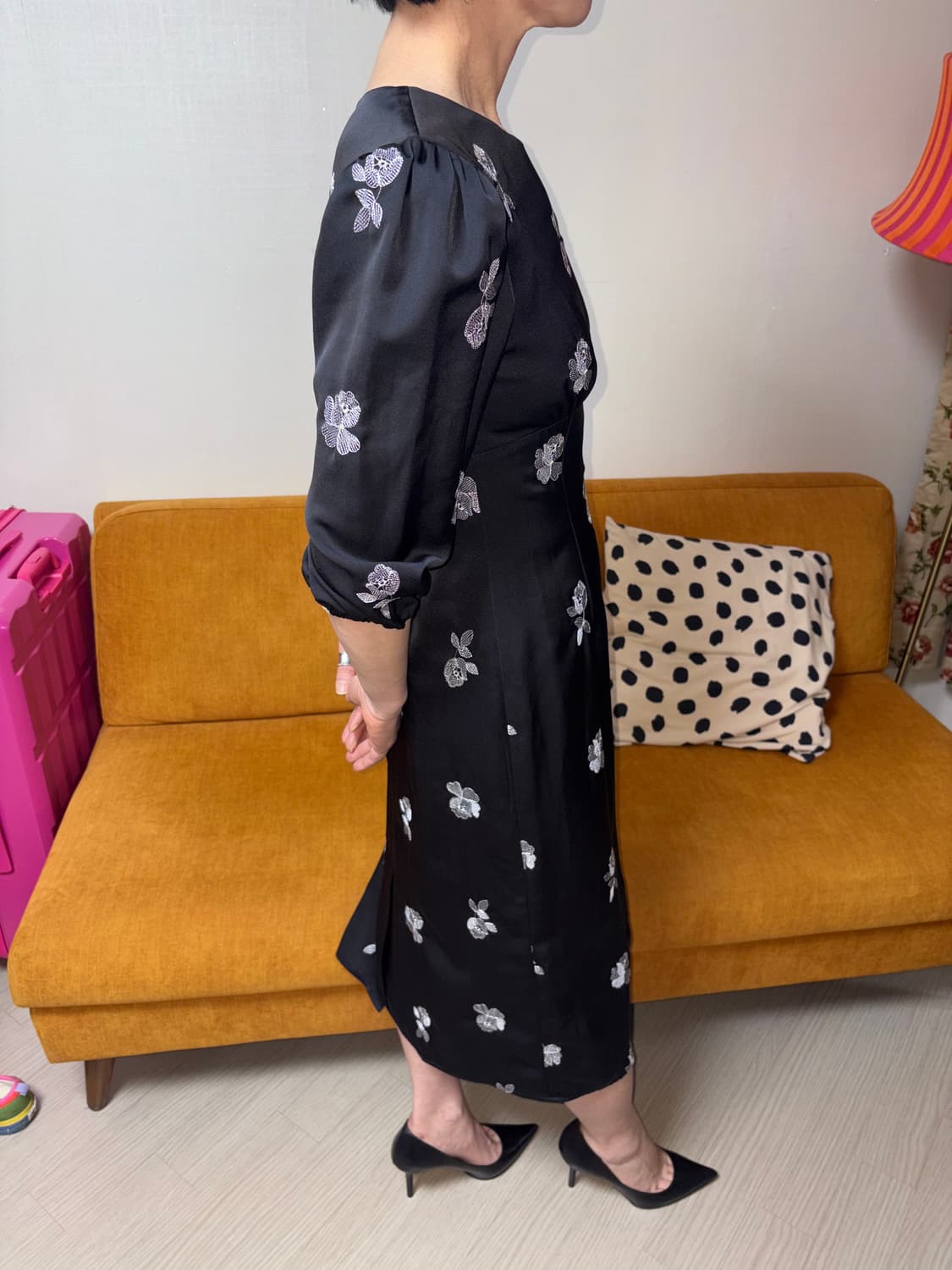 flower pattern puff black dress 상품이미지2