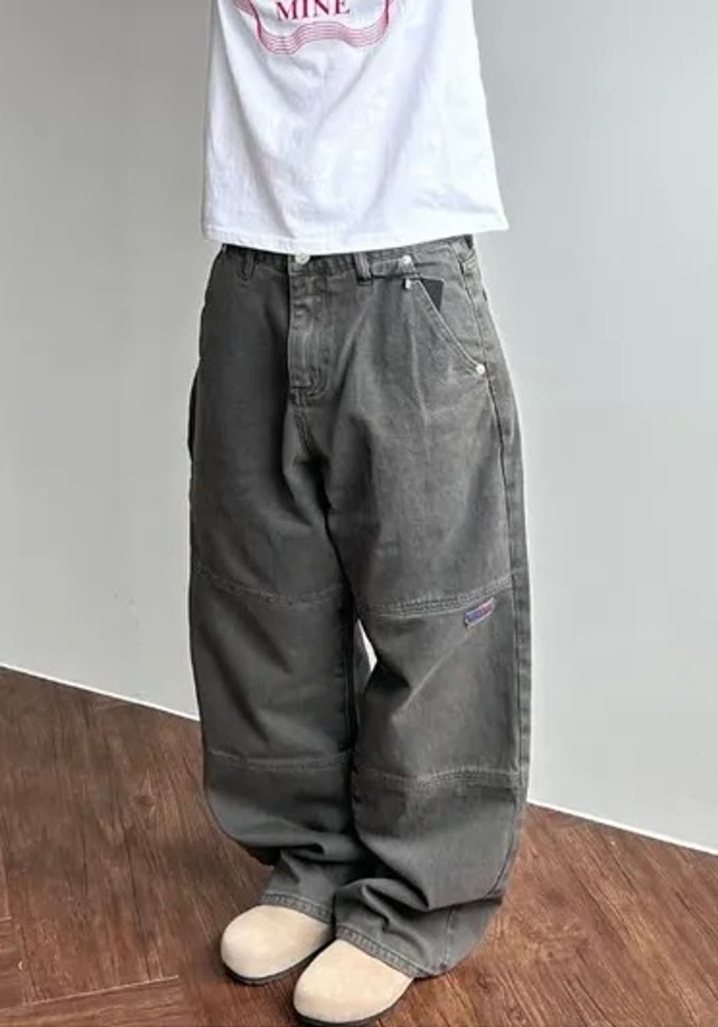 (M) 성조기 다잉 워크 와이드 팬츠 차콜 바지 에이블리 상품이미지2