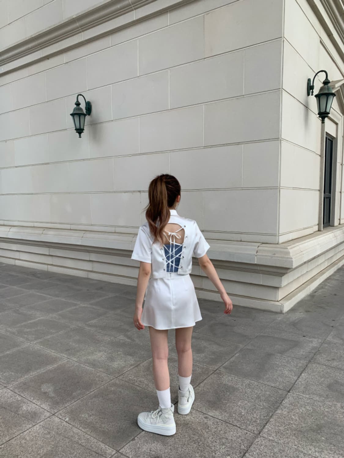 라뇨 체리퀴리 아일렛 새틴 셔츠 & 새틴 미니 스커트 상품이미지5