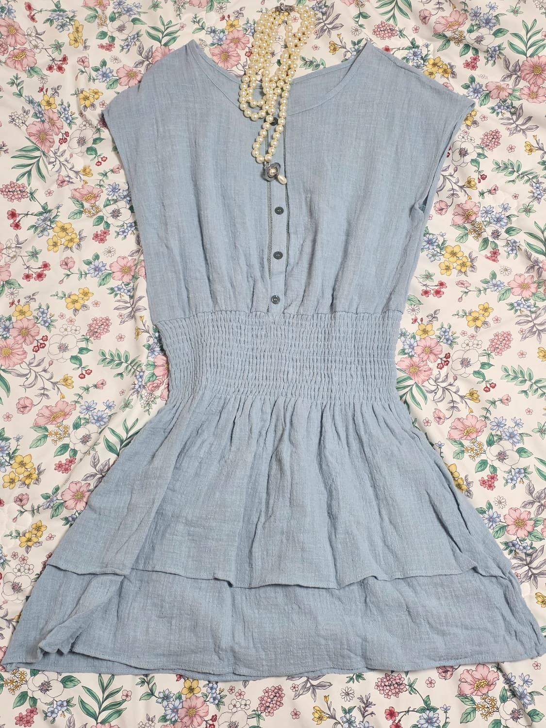 빈티지)하늘린넨 여름니혼모리걸 로맨틱 밴딩민소매 레이어드 캉캉원피스 상품이미지3