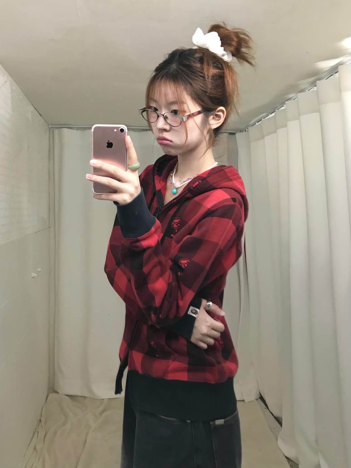 베이프 베이비 밀로 레드 체크 후드집업 상품이미지2