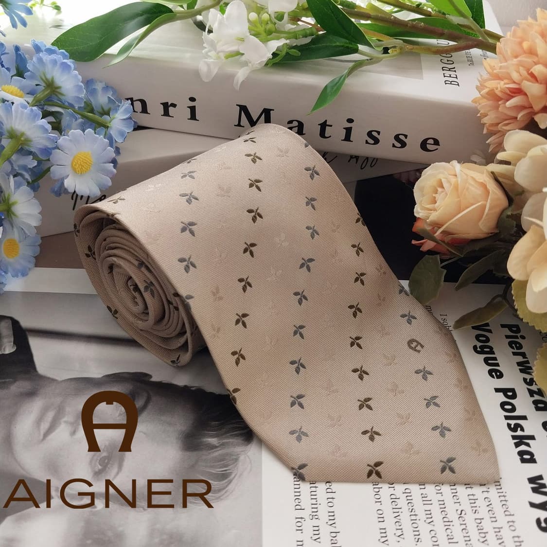 아이그너 실크 진베이지 나뭇잎 자수 넥타이 9.1cm A+등급 K1412 상품이미지1