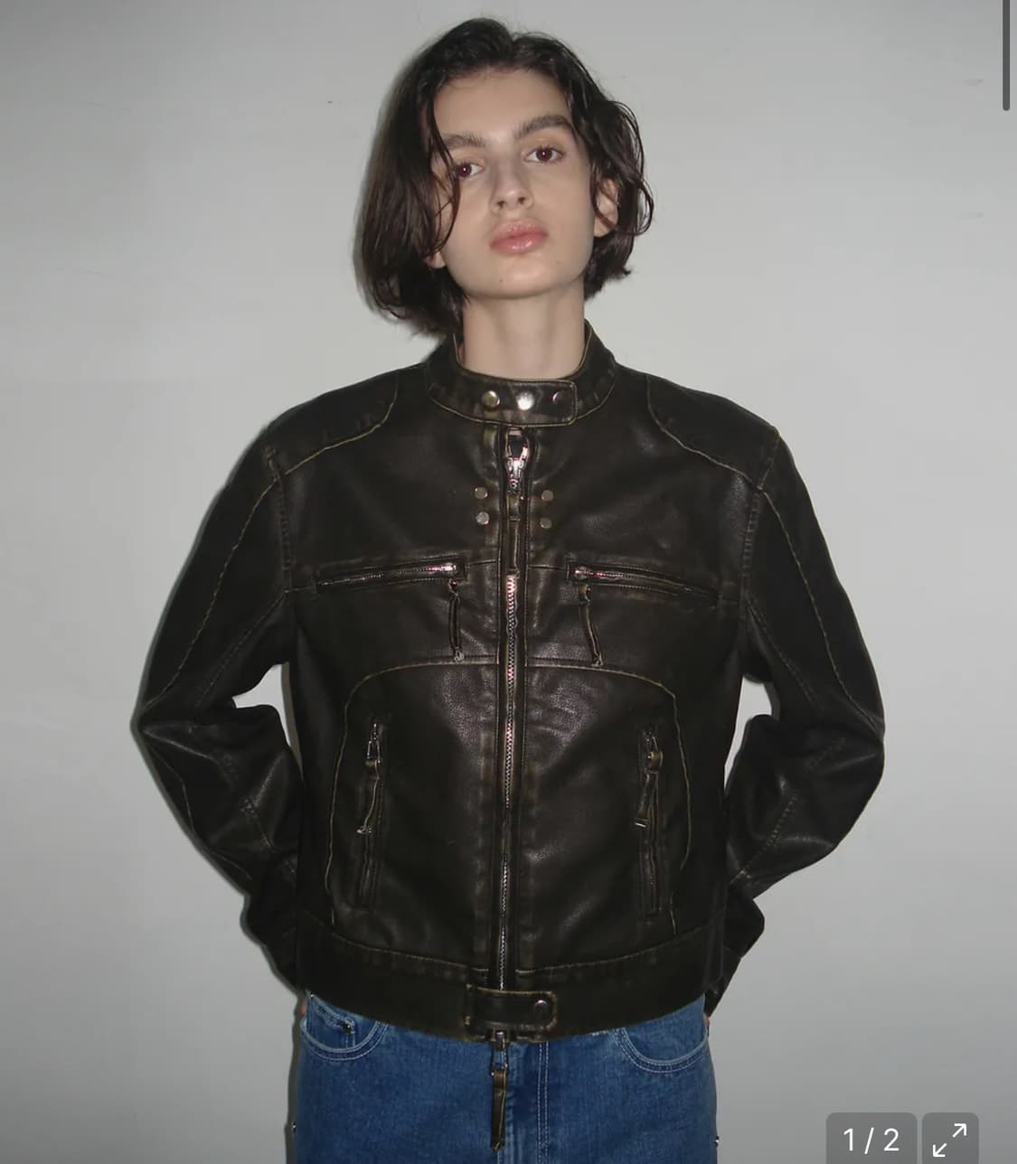 파르티멘토 파르티멘토 우먼 워시드 레더 바이커 자켓_카키브라운 가죽자켓 상품이미지1