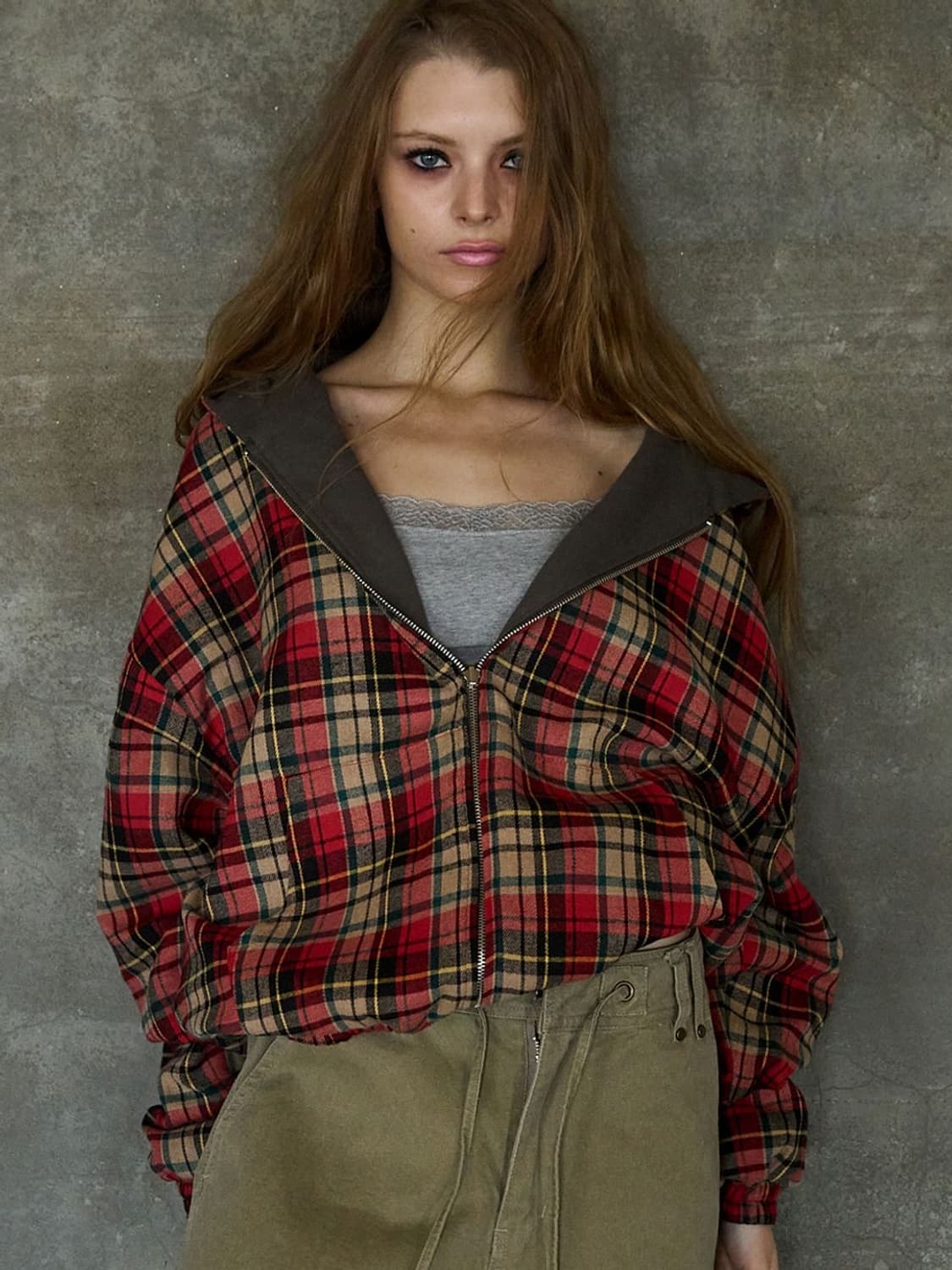 익스파이어드걸 체크 후디 집업 시나몬 상품이미지1