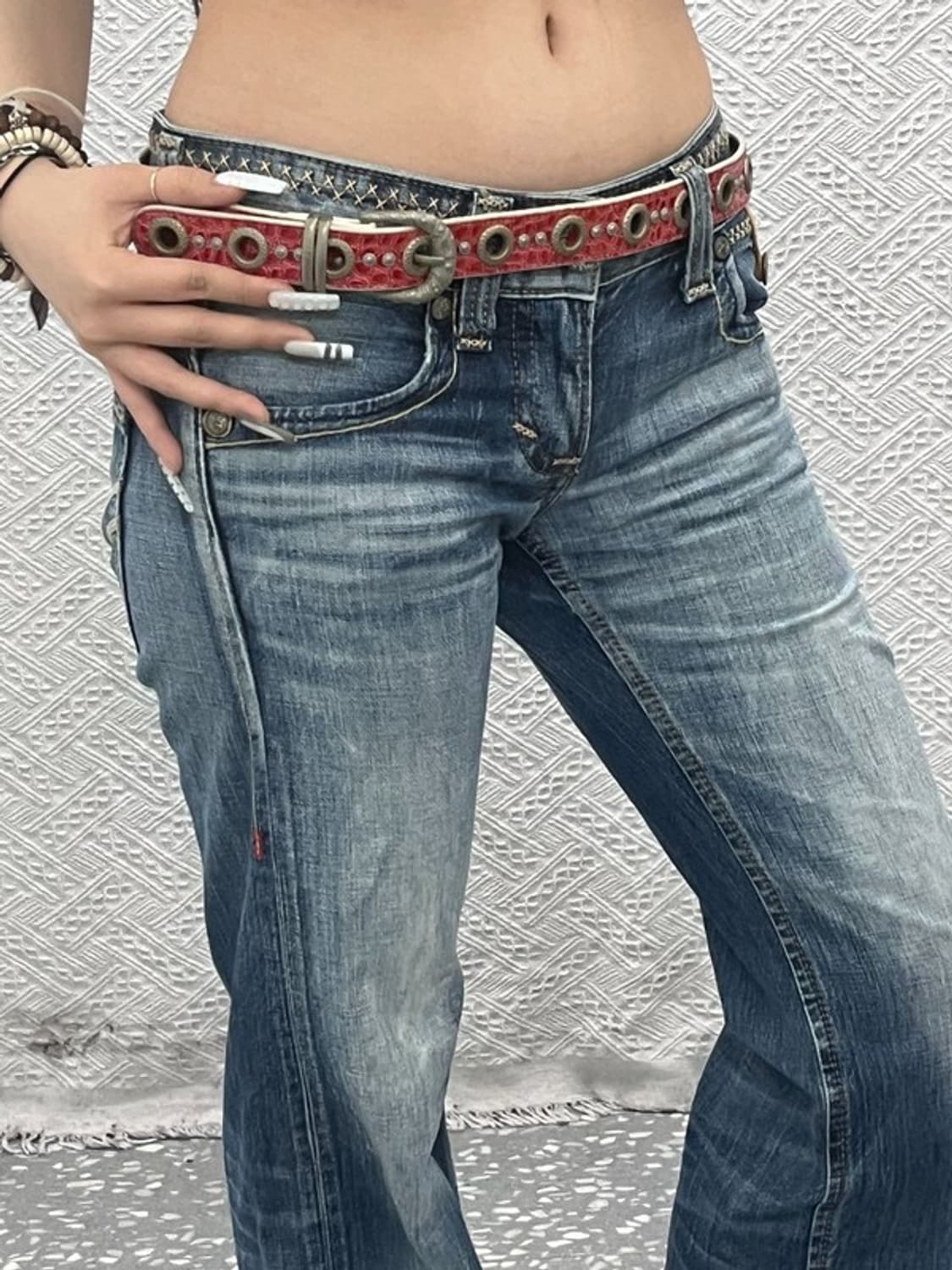 빈티지 레트로 Y2K 스트릿 펑크 레드 뱀피 아일렛 벨트 C10848 상품이미지2