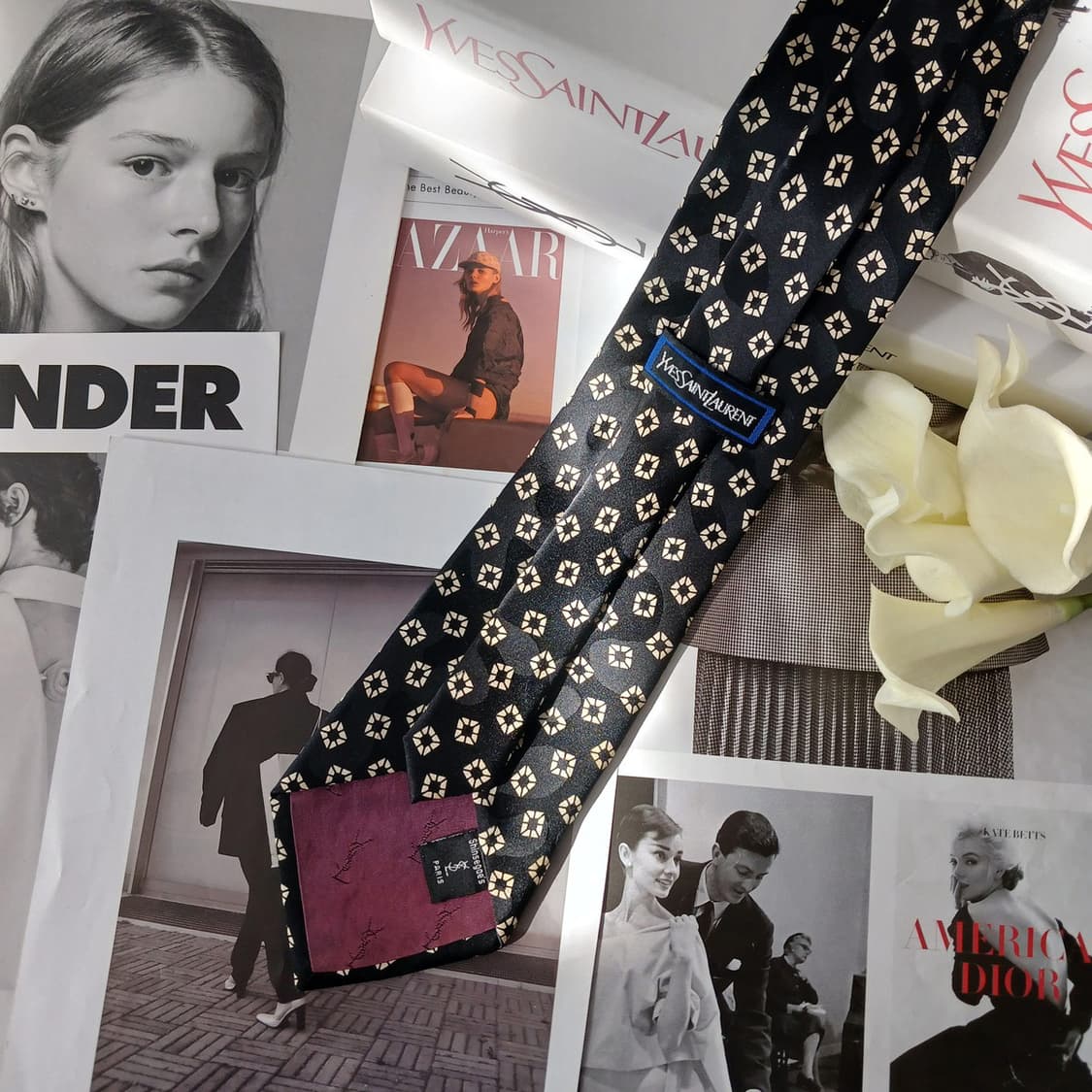 입생로랑 실크 블랙 기하 패턴 넥타이 9.2cm B등급 A19525 상품이미지5