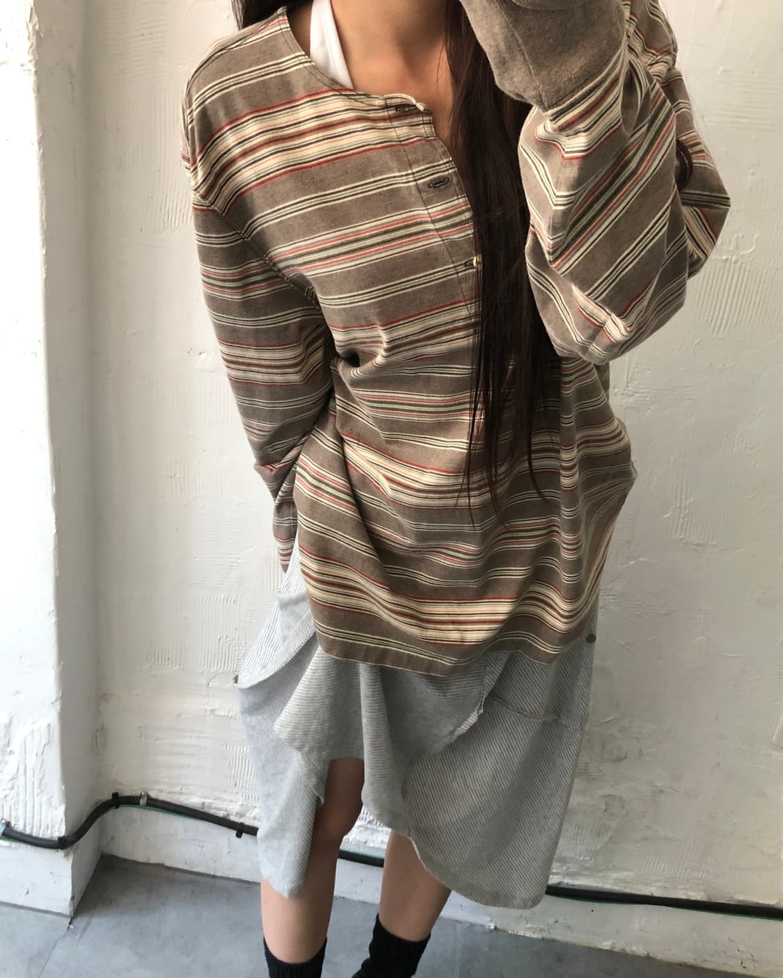 RRL 더블알엘 브라운 스트라이프 헨리넥 롱슬리브 상품이미지3