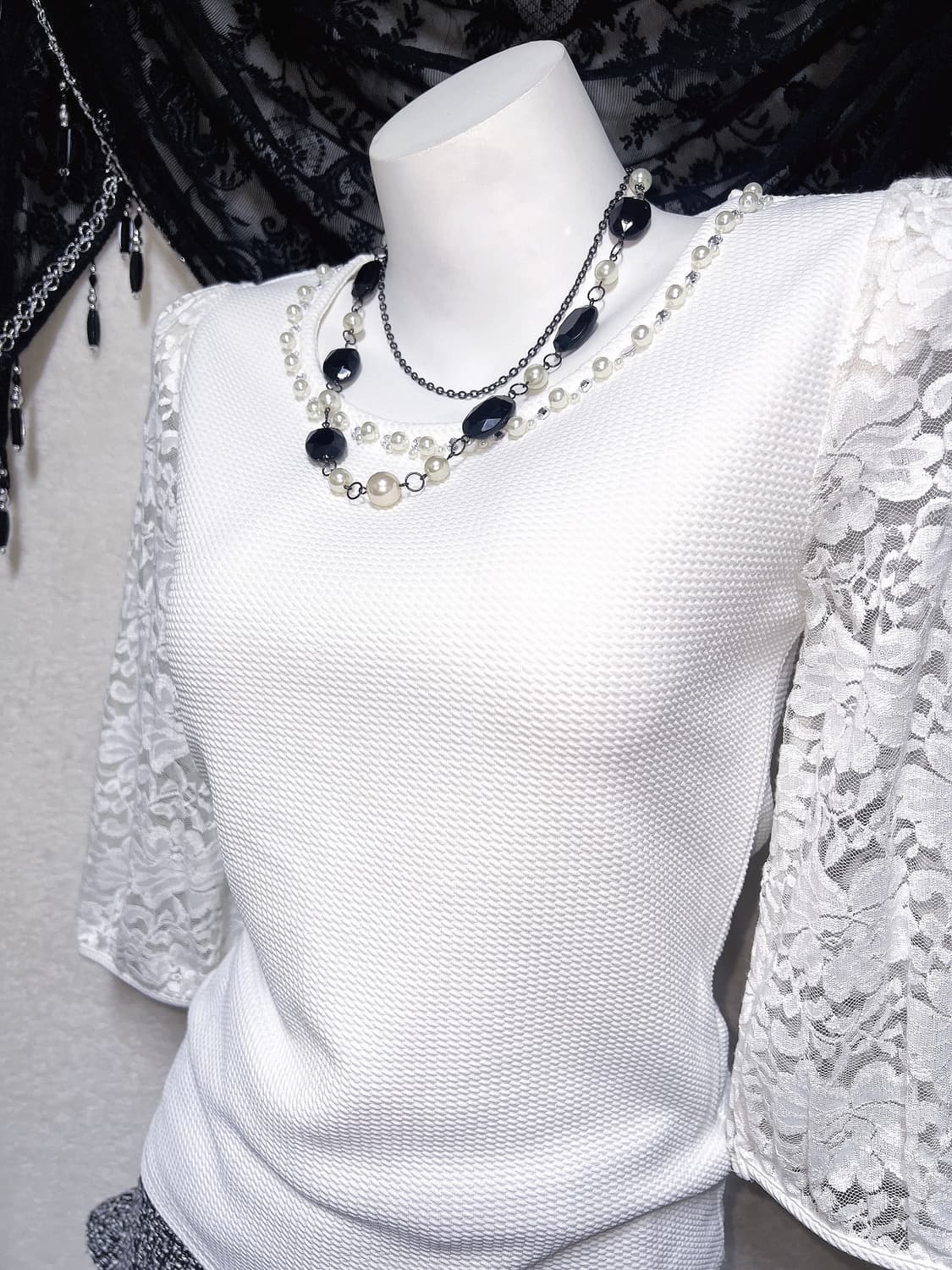 로맨틱갸루 로걀탑 진주 큐빅 시스루 레이스 블라우스 히메 양산형 핀터 상품이미지8