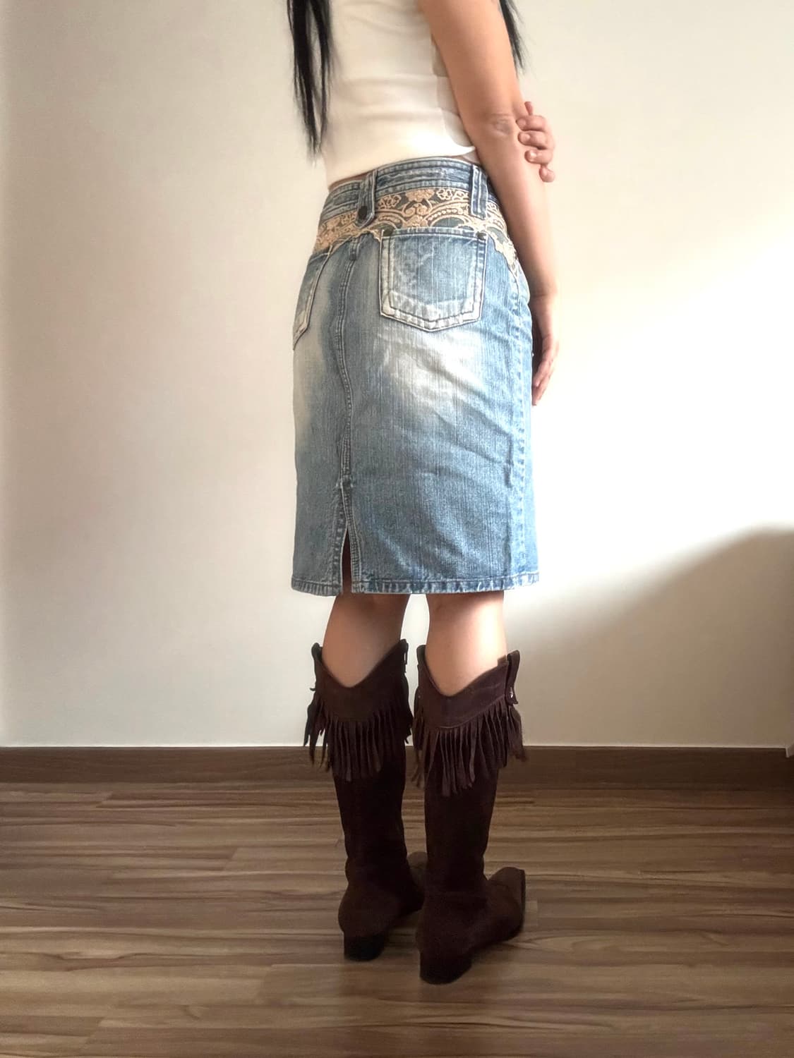 레이스 데님 미디 스커트 상품이미지1