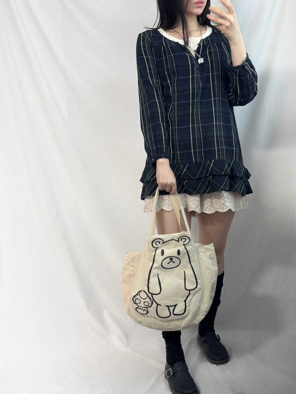 버튼 레이어드 넥 체크 패턴미니 원피스 상품이미지2