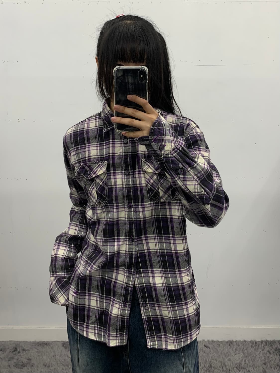 버버리 블랙라벨 퍼플 체크 셔츠(하단로고) 상품이미지1